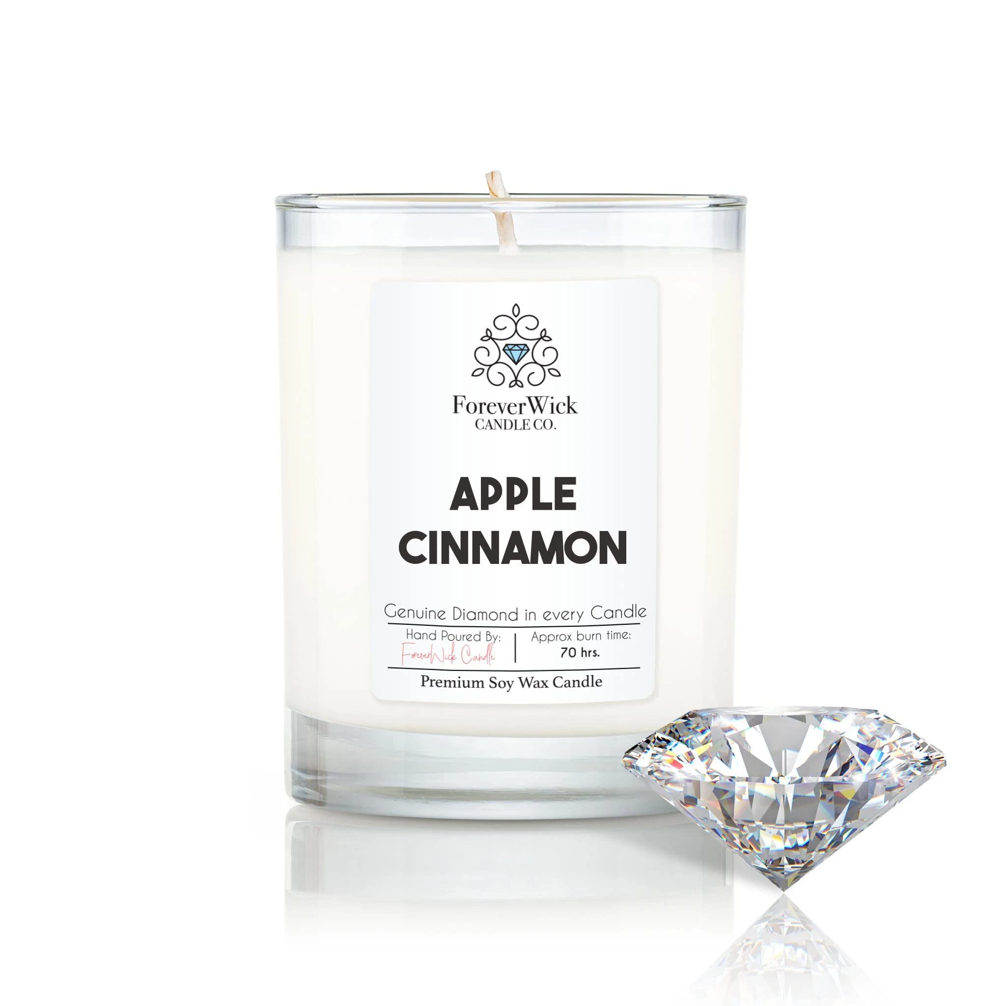 Apple Cinnamon Scented Soy Candle with Real GIA Diamond Inside | Foreverwick All-Natural 14oz Organic Soy Candle | 70-Hour Burn Time | Aromatherapy Gifts for Women, Mothers Day, Birthday & Home Decor | Perfect for Relaxation, Spa Nights & Romantic Ambiance