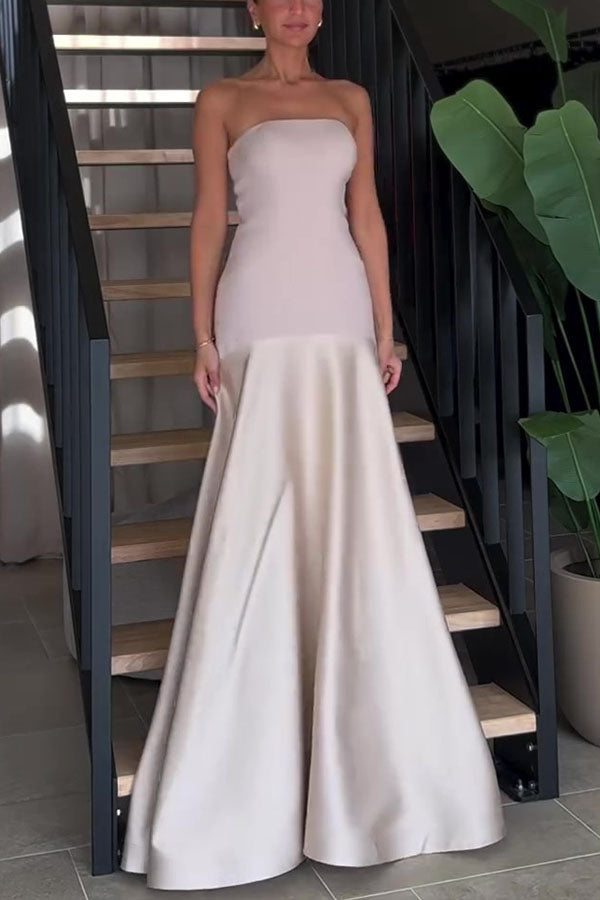 Timeless Elegance Satin Patchwork Strapless Flare Gown Maxi Dress for Women | Formal Evening Gown for Prom, Wedding, Red Carpet Events