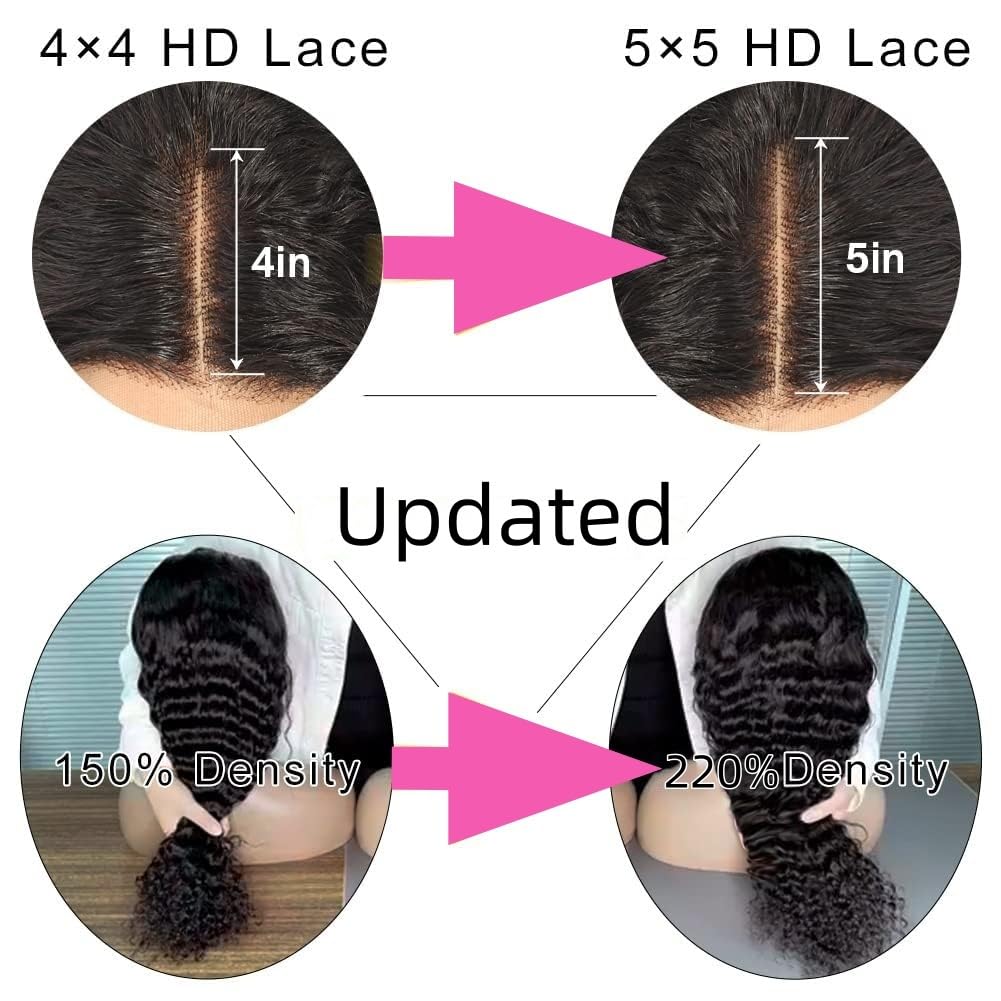 5x5 HD Lace Closure Wigs 100% Human Hair 220 Density Pre Bleached Tiny Knots Glueless Deep Wave Wig 24 Inch - Ready to Wear Curly Wigs for Black Women | Natural Look for Daily Wear & Special Occasions