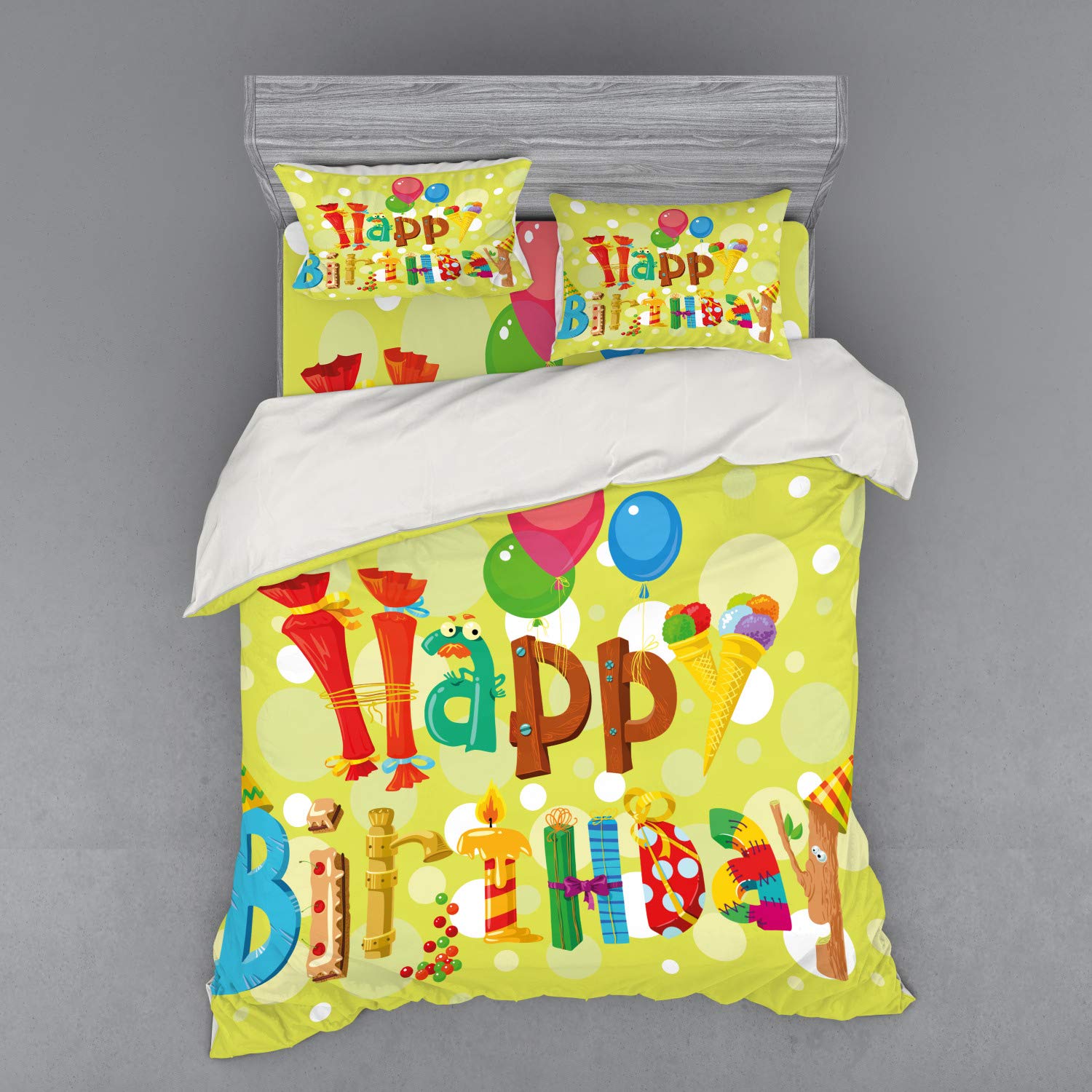 Ambesonne Birthday Duvet Cover Set - Fun Ice Cream, Candies & Balloons Design - 4 Piece Queen Size Bedding Set with Shams & Fitted Sheet - Perfect for Birthday Parties, Kids Rooms & Gift Giving