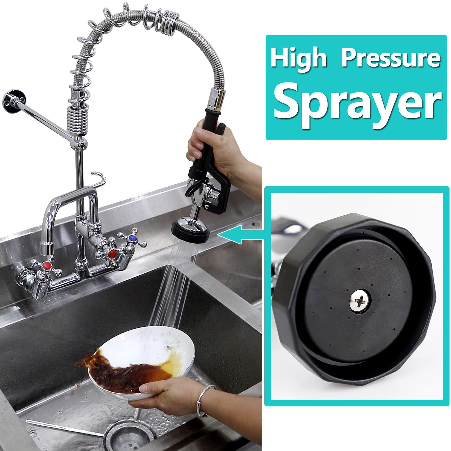 Commercial Pre-Rinse Sink Faucet - 8 Inch Wall Mount Restaurant Faucet with 10 Inch Swing Spout & Pull Down Sprayer (26 Inch Height) - Ideal for Commercial Kitchens, Restaurants, and Food Service Areas