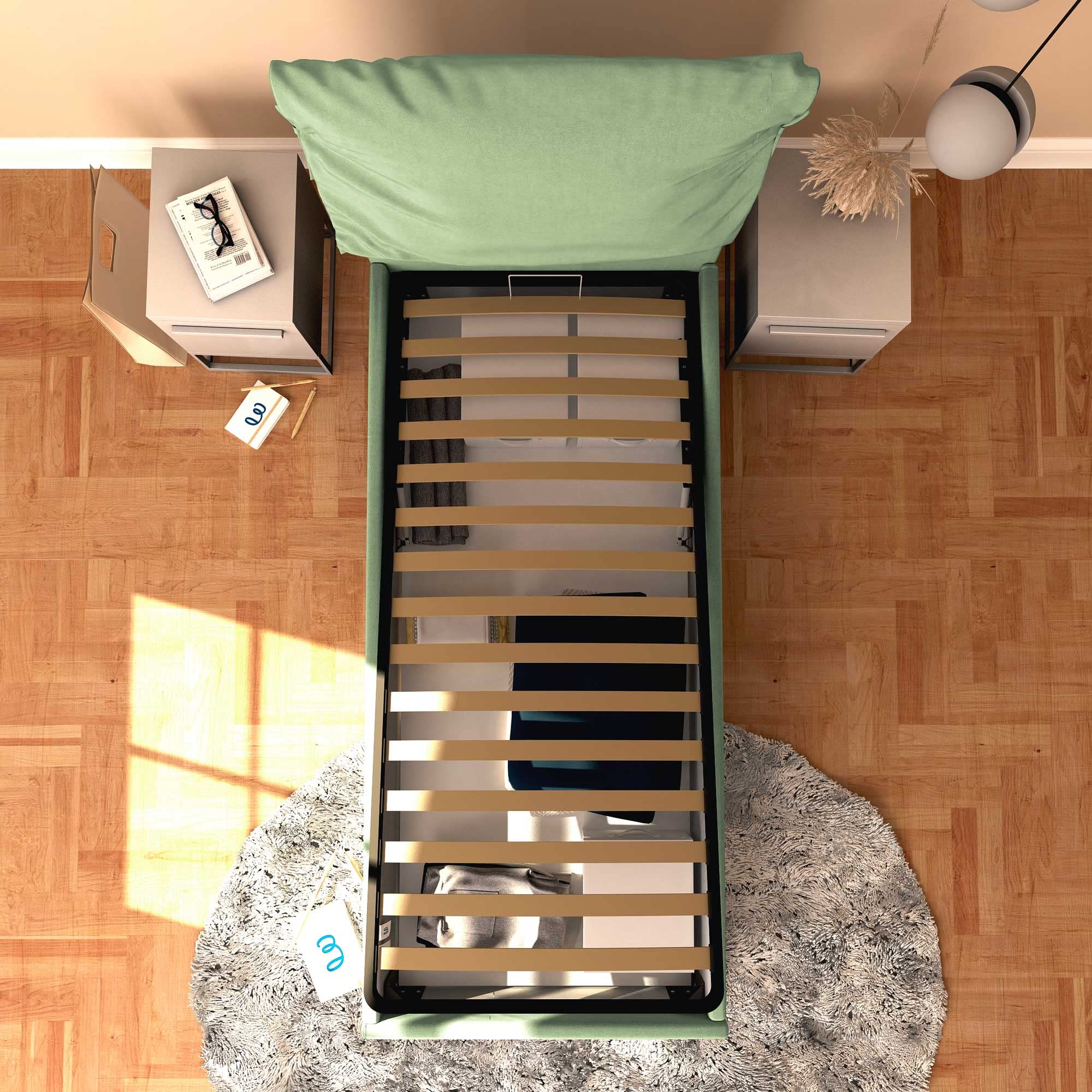 Baldiflex Single Bed with Storage - Licia Soft Fabric Frame, Slatted Base for 90x190cm Mattress, Padded Headboard in Mint Green - Perfect for Small Bedrooms, Guest Rooms & Dormitories