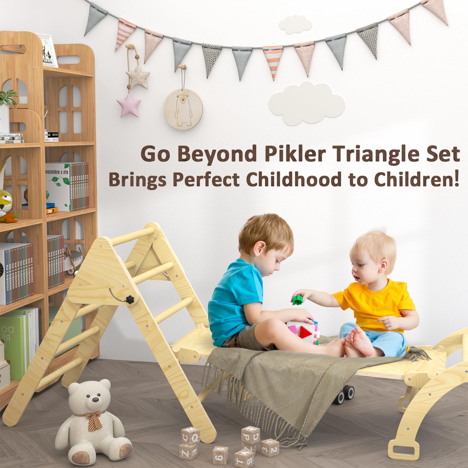 5 in 1 Pikler Triangle Set - Montessori Foldable Climbing Toys for Toddlers 1-7 Years | Kids Indoor Play Gym with Ramp, Arch Rocker & Triangle | Perfect for Home Playroom, Daycare & Preschool Development Activities
