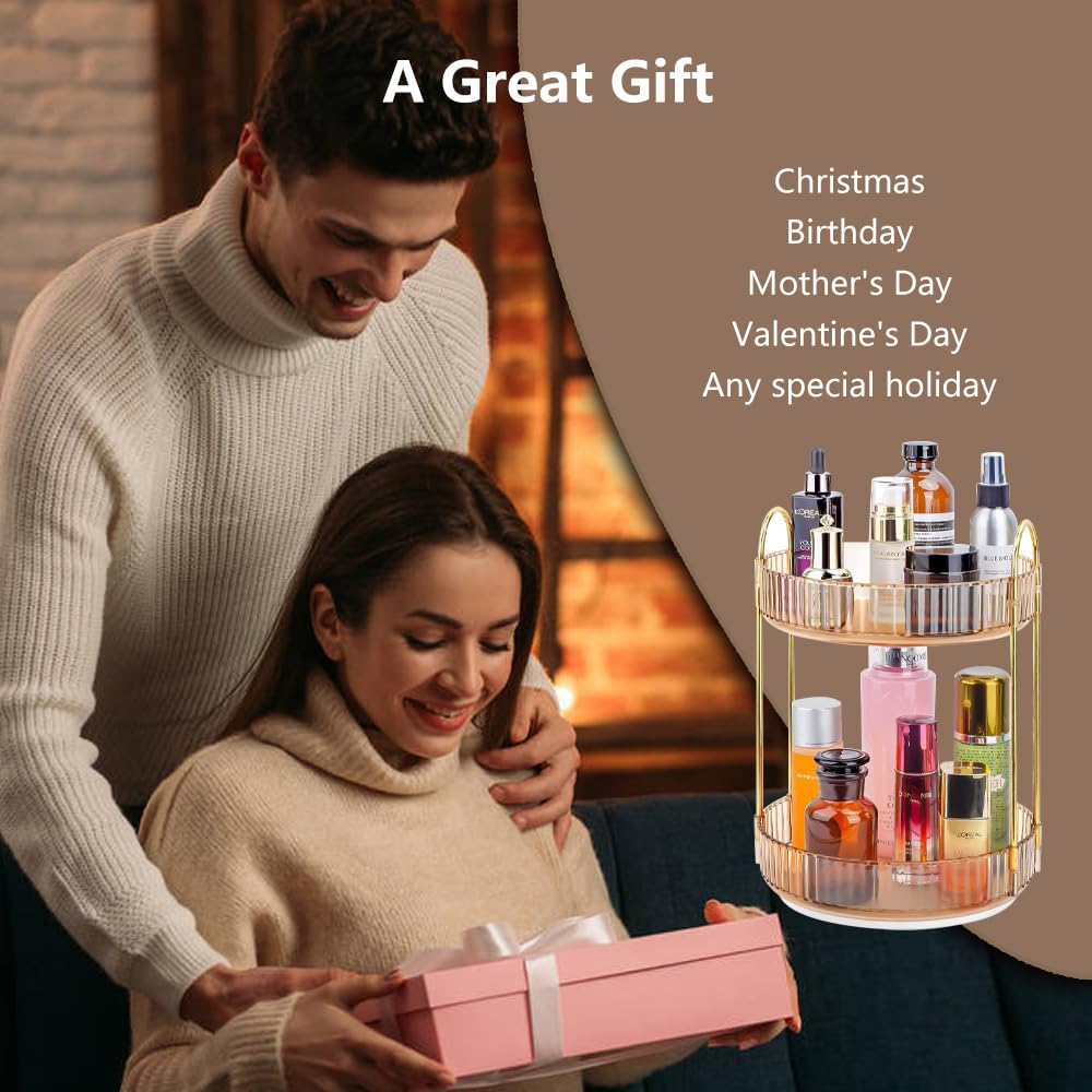 2-Tier Rotating Makeup Organizer - Spinning Cosmetic Storage for Vanity & Bathroom Countertop - Skincare Holder for Facial Cream, Perfume, Lotion, Lipstick (Amber) - Perfect for Beauty Routine & Clutter-Free Organization