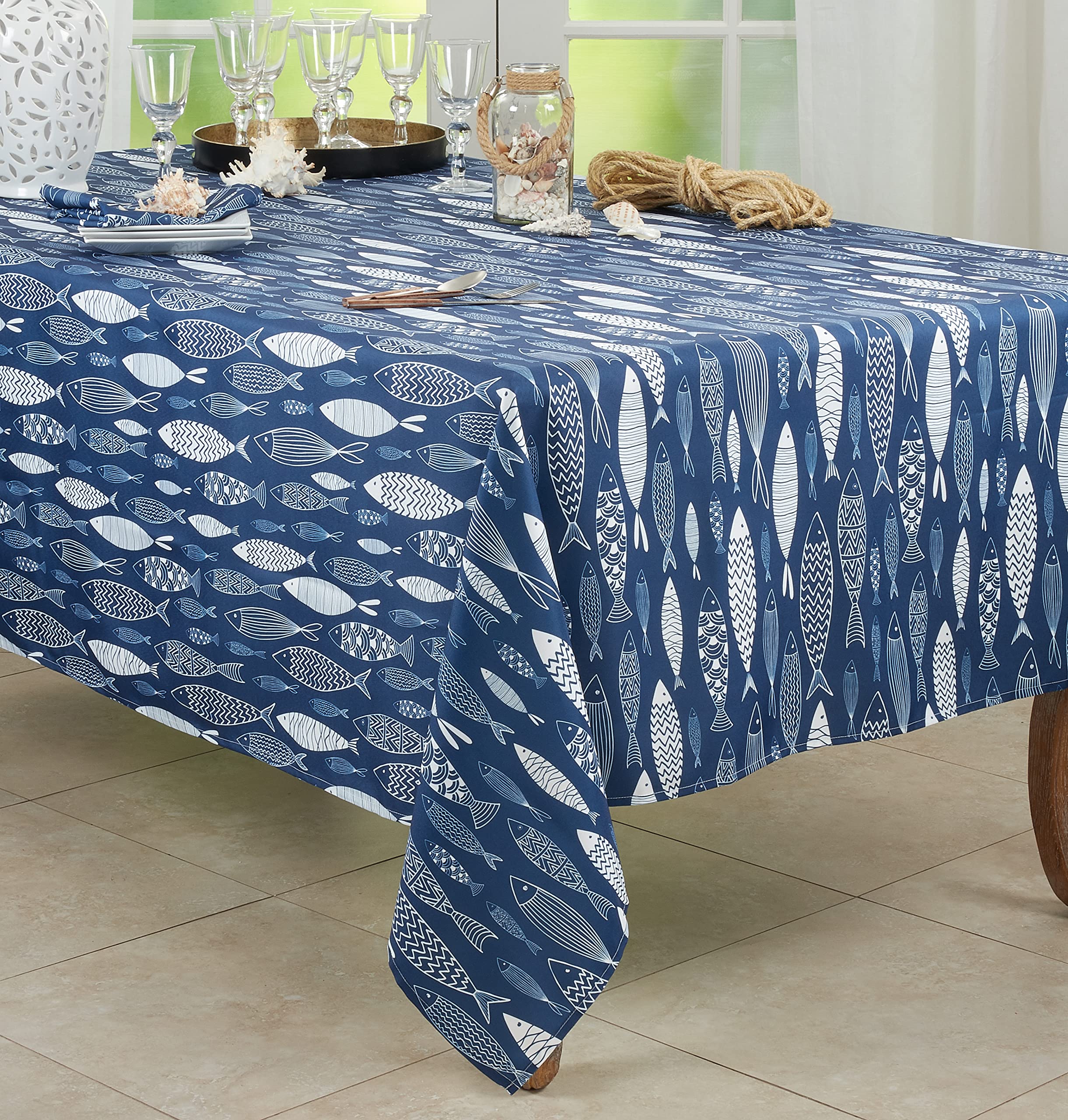 SARO Fish Design Tablecloth 65x140 Navy Blue for School & Dining