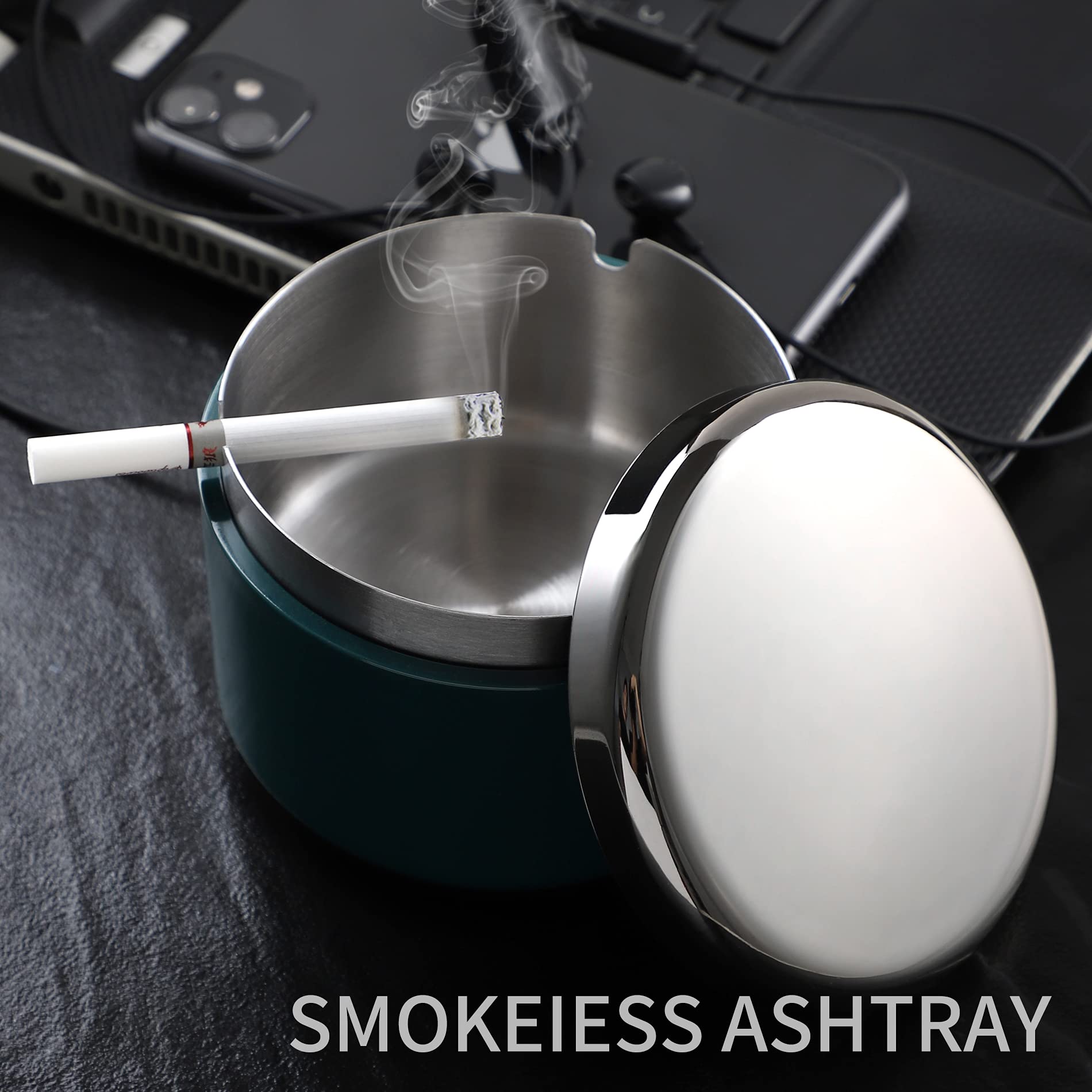 Smokeless Ashtray with Lid - Stainless Steel Windproof Ash Tray for Indoor & Outdoor Use - Durable, Easy to Clean Smoking Accessory for Home, Office, Patio (Dark Green) - Perfect for Smokers Who Want a Clean & Odor-Free Environment