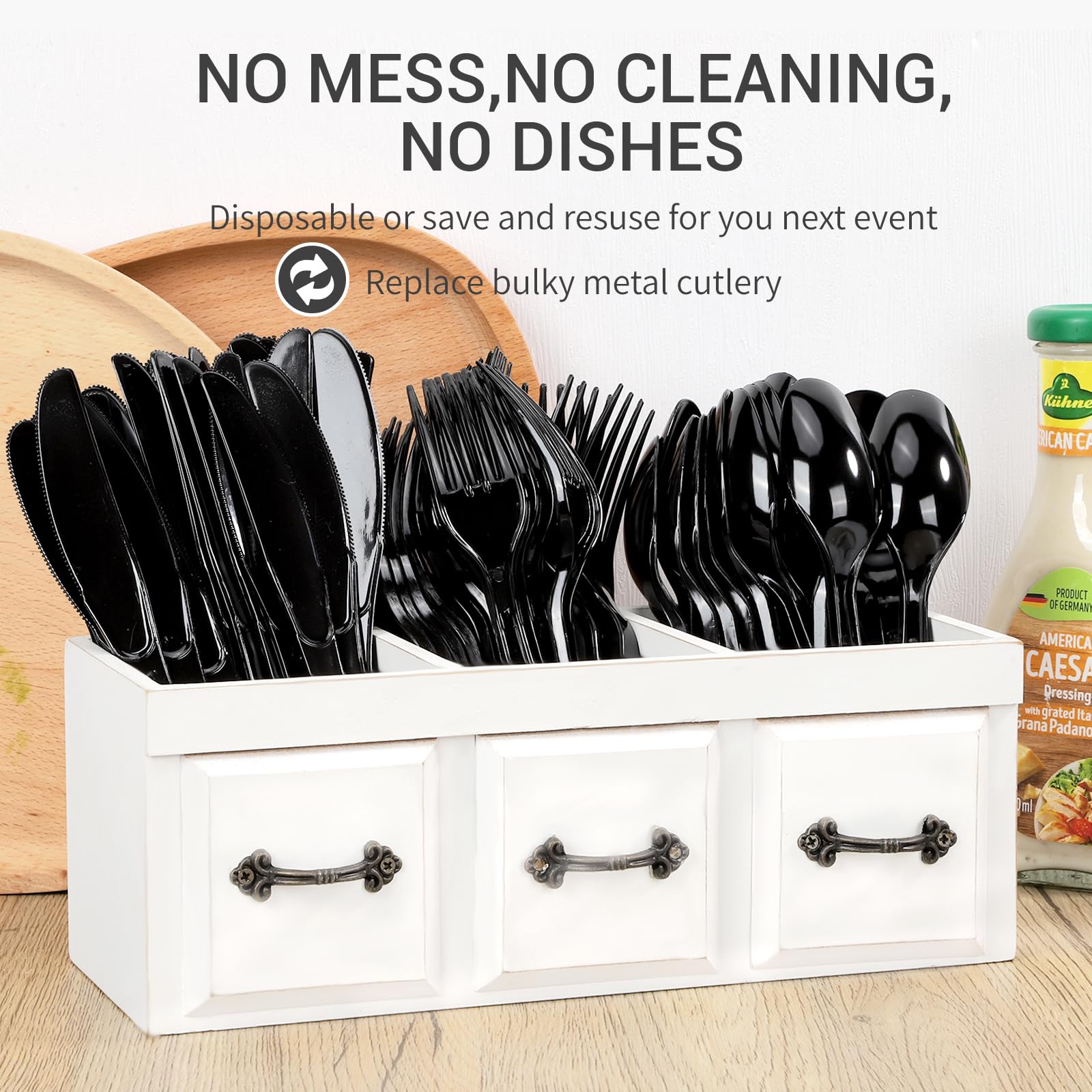 260 PCS Black Disposable Cutlery Set - Durable Plastic Forks Spoons Knives for Wedding Camping Travel