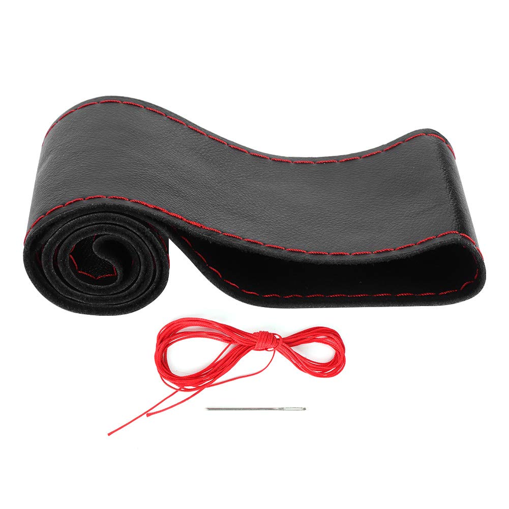 Premium Leather Steering Wheel Cover DIY Kit - Hand Sewing Needles & Thread for Car Interior Decoration (Black & Red) | Enhance Grip & Style for Comfortable Driving
