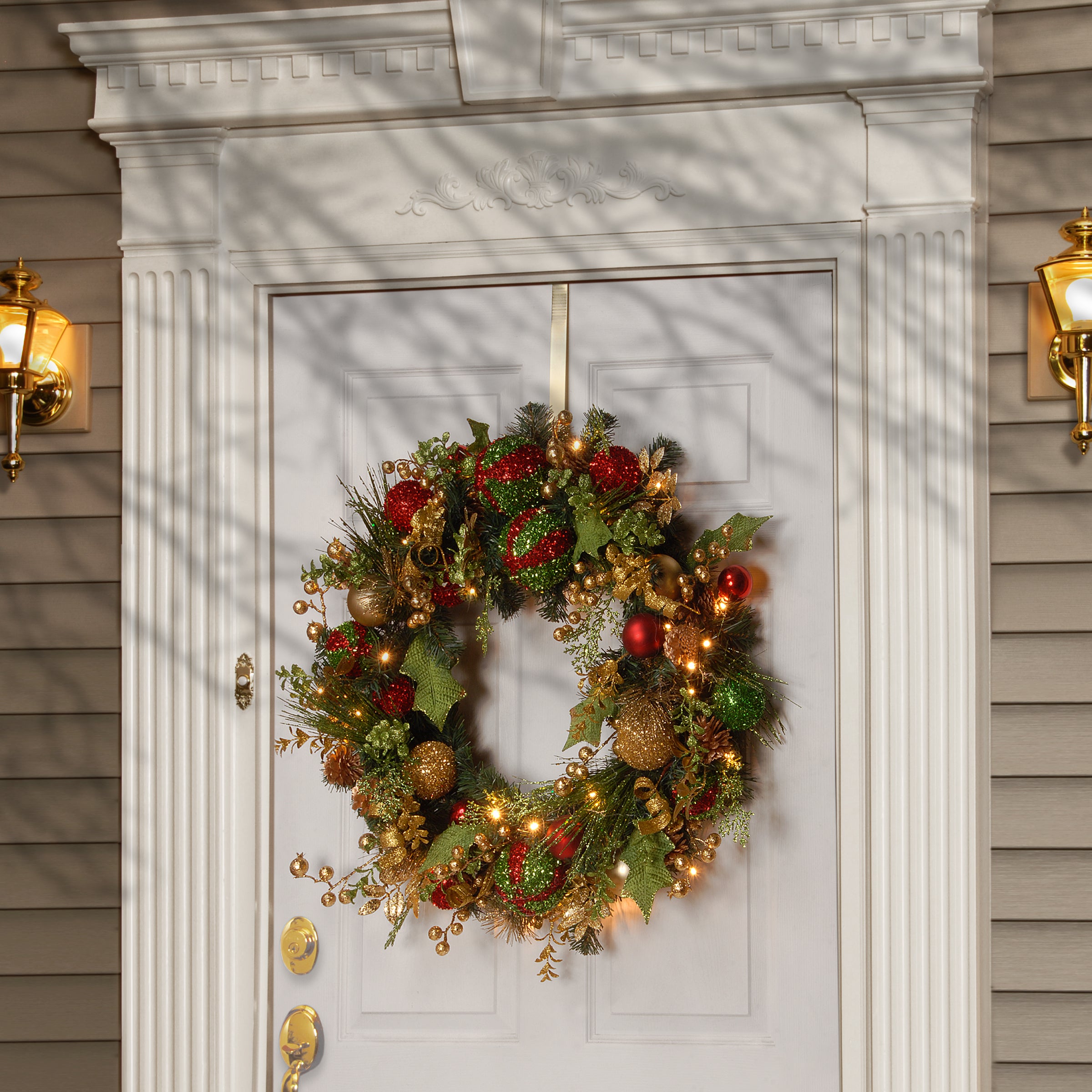 30 Inch Pre-Lit Christmas Wreath with Warm White LED Lights - Holiday Door Decor for Front Porch, Fireplace & Indoor Seasonal Decoration