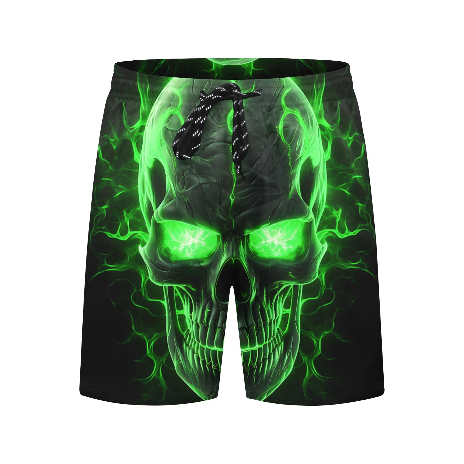 Green Lightning Skull Beach Shorts for Men - Quick-Dry Swim Trunks with Skull Print - Perfect for Swimming, Surfing, and Summer Vacations