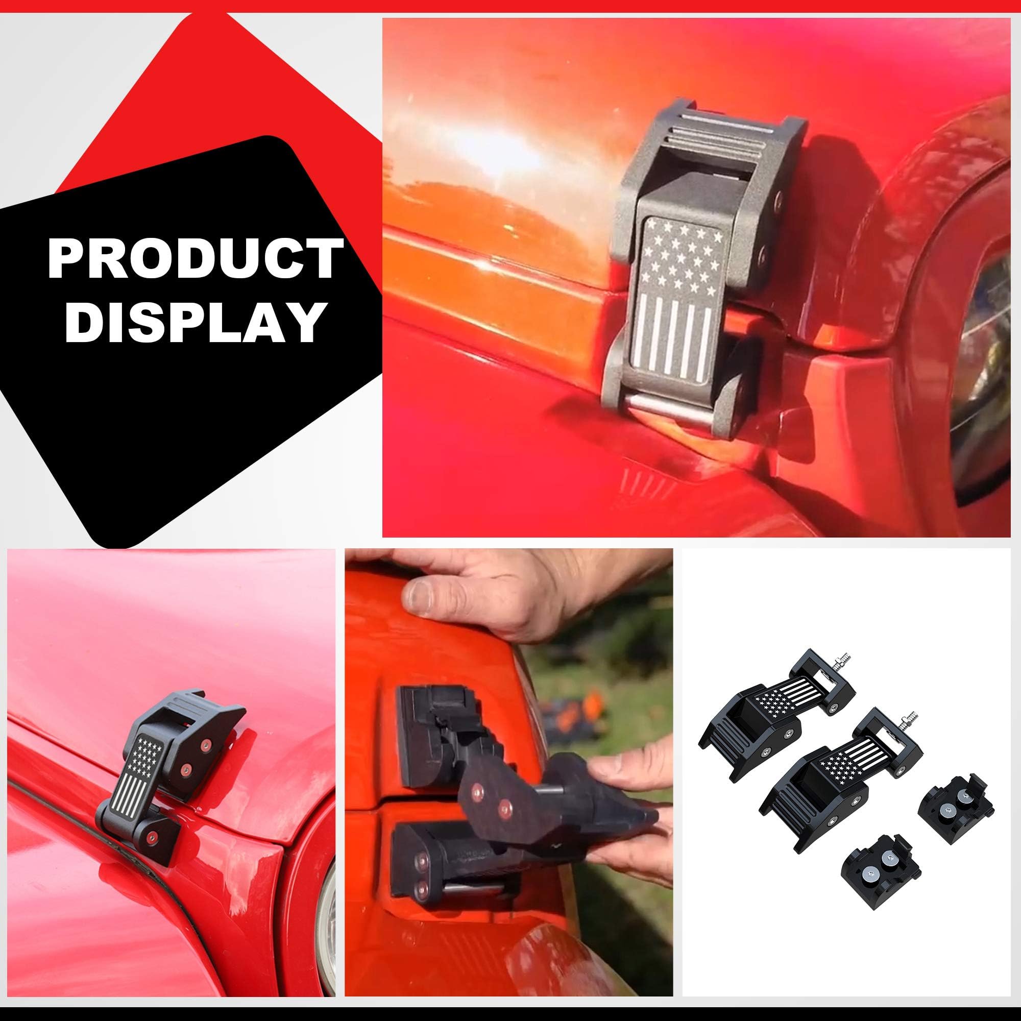 ASLONG 2PCS Aluminum Hood Latches with US Flag Design - Compatible with Jeep Wrangler JK/JKU (2007-2018) & JL/JLU/Gladiator JT (2018-2021) - Durable Hood Catch Kit for Off-Roading, Car Shows & Jeep Customization