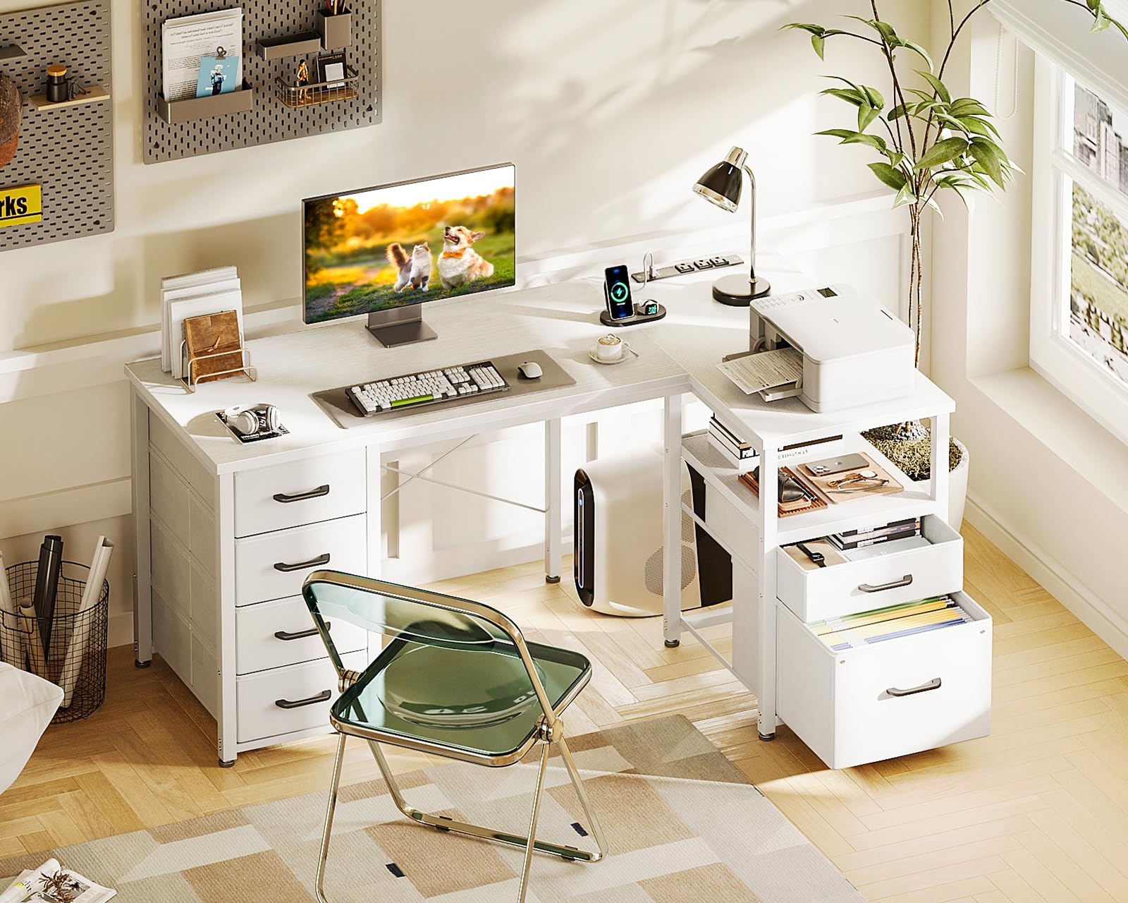 Coleshome 55 Inch L-Shaped Computer Desk with 6 Drawers, Power Outlet & Reversible Storage Shelf - Home Office Corner Desk with File Drawer in White | Perfect for Small Spaces, Gaming Setup & Remote Work