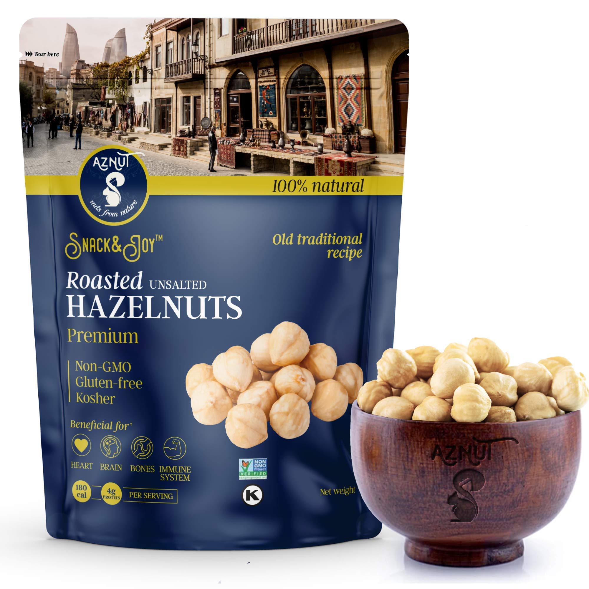 AZNUT Premium Roasted Unsalted Hazelnuts 3 LB - 100% Natural Non-GMO, Kosher Certified, No Salt, No Oil, Gluten Free, Keto-Friendly Snacks in Resealable Bag | Perfect for Baking, Healthy Snacking & Keto Diet