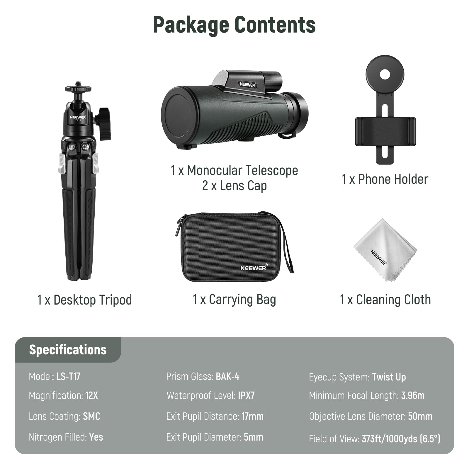 NEEWER 12x50 ED Monocular Telescope with Phone Adapter, Metal Tripod & Carrying Case - IPX7 Waterproof, Fogproof, Shockproof - SMC BAK-4 Prism for Smartphone Digiscoping - Perfect for Bird Watching, Hunting, Camping, Hiking & Stargazing