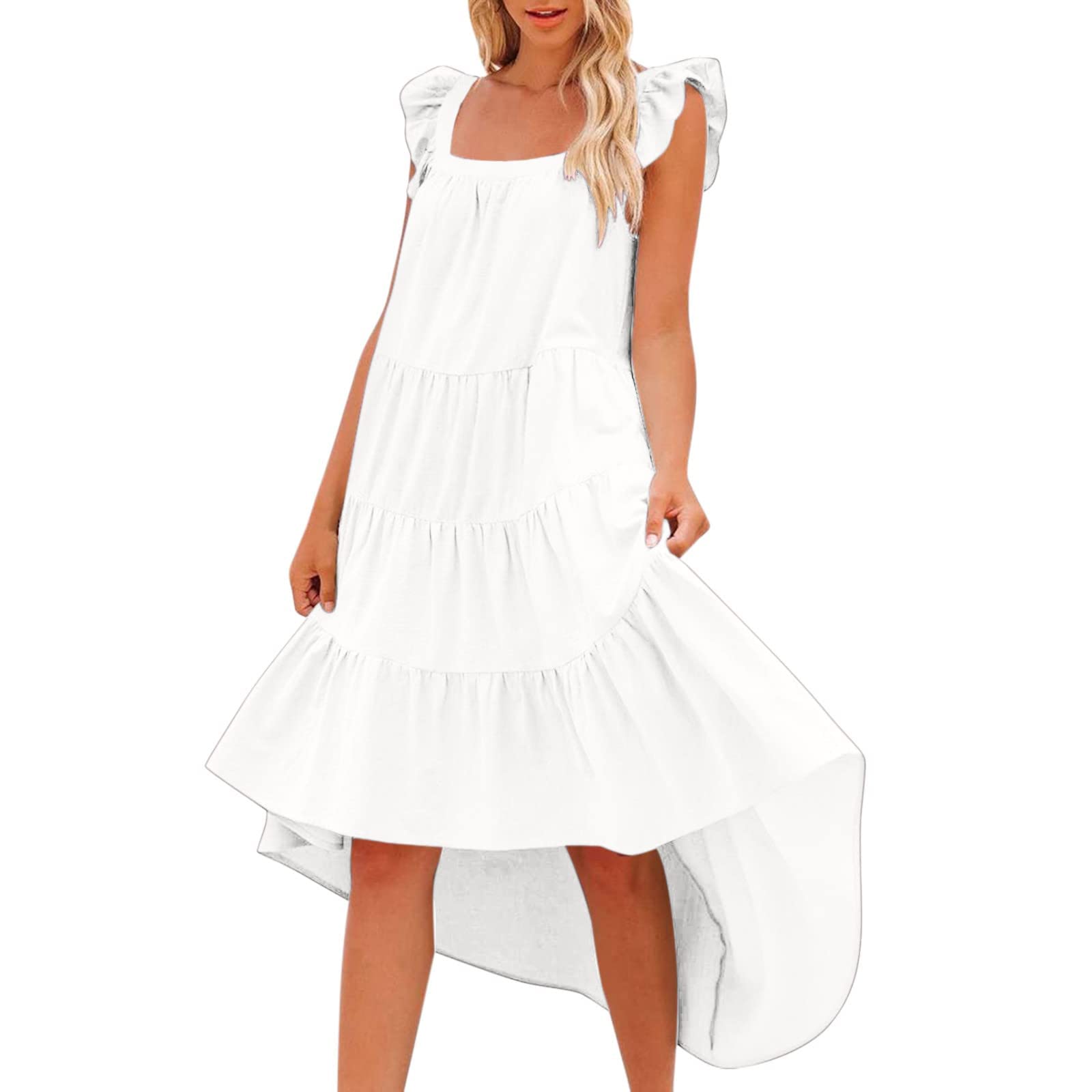 Women's Summer Party Casual Dress with Ruffle Sleeves - Round Neck Sundress with High Low Hem, Pleated Flowy Swing Beach Dress for Outdoor Events, Vacations & Date Nights