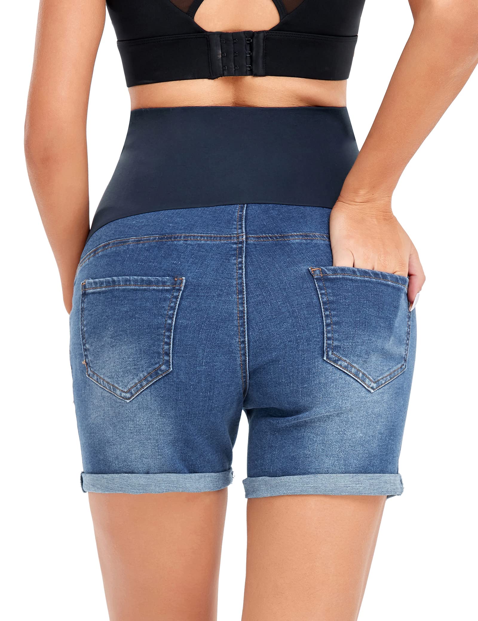 HOFISH Women's Maternity Denim Shorts - Over The Belly Stretchy Comfy Jean Shorts for Pregnancy - Casual & Workout Maternity Wear - Perfect for Summer, Travel & Everyday Comfort