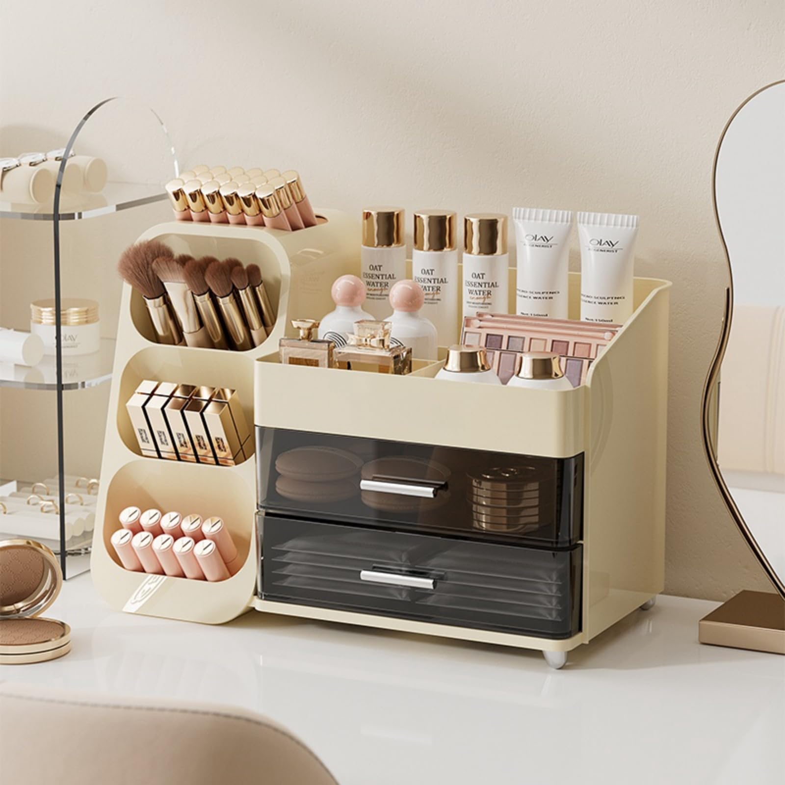 Makeup Organizer with Drawers - Spacious Cosmetic Storage Case for Vanity | Beauty Essential Organizer with Multiple Compartments | Perfect for Makeup Brushes, Lipsticks & Skincare Products (Cream)