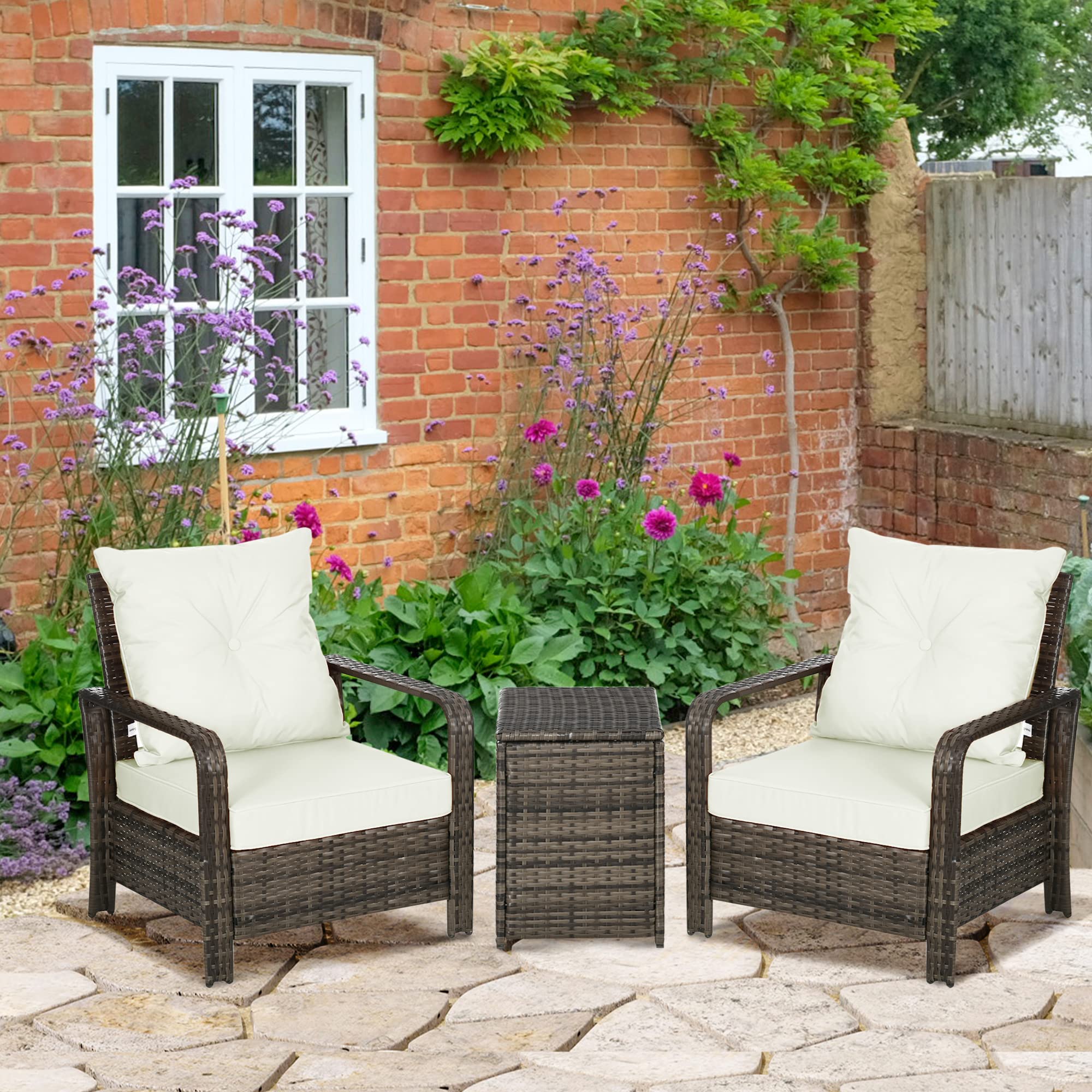 Outsunny 3-Piece Patio Furniture Set with PE Rattan Wicker, Storage Table & Tufted Cushion Chairs - Outdoor Garden, Backyard, Poolside, Balcony Furniture in Beige | Perfect for Relaxing, Entertaining & Lounging