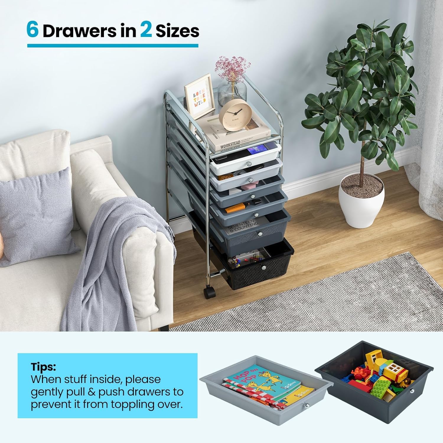 LDAILY 6-Drawer Rolling Storage Cart with Lockable Wheels - Multifunctional Mobile Organizer for Office, School & Home - Gradient Grey - Perfect for Classroom Supplies, Craft Storage & Kitchen Organization