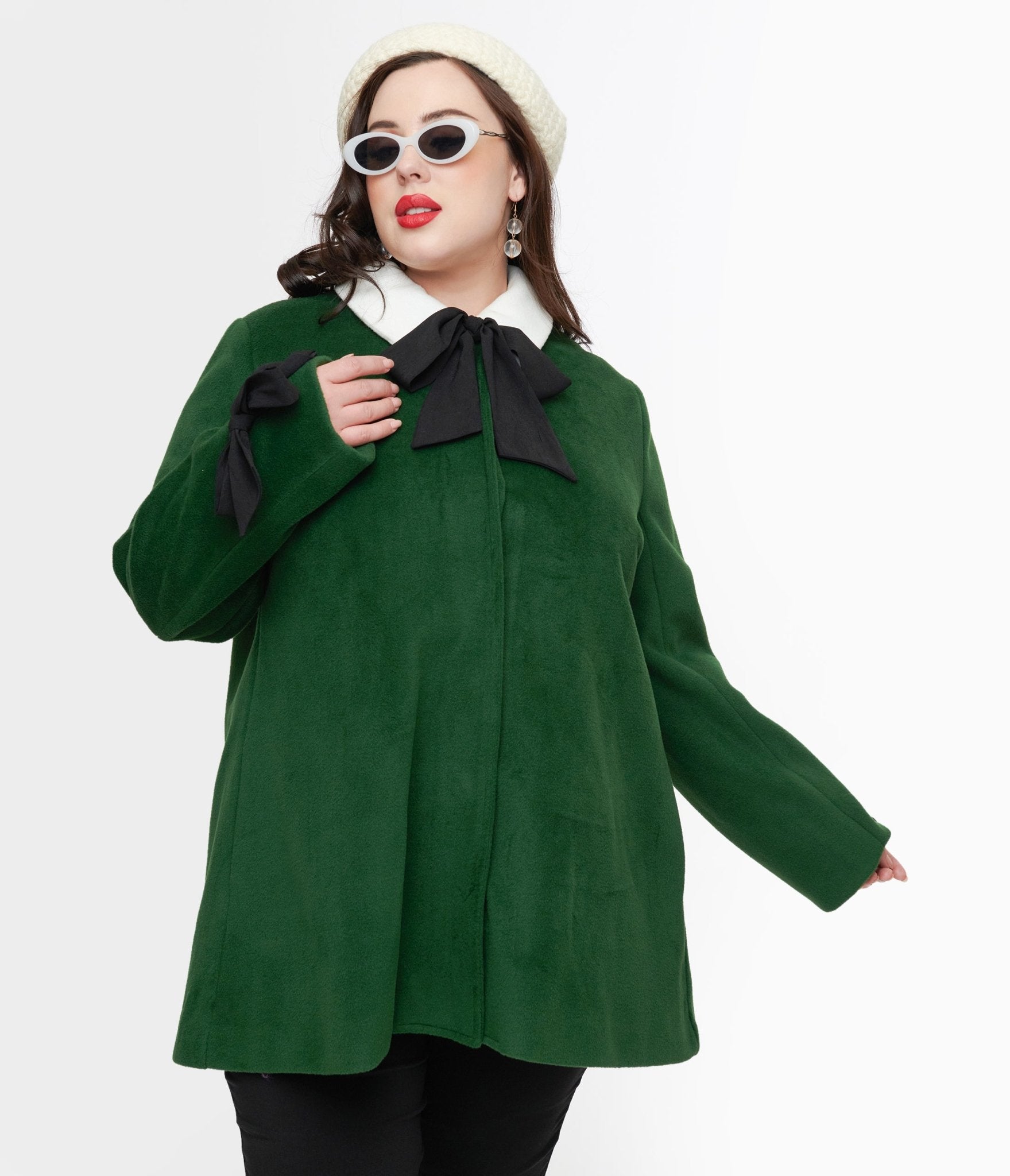 Smak Parlour Plus Size 1960s Green & Black Bows Topper Coat - Vintage Retro Women's Outerwear for Fall Winter Fashion, Office Wear & Special Occasions