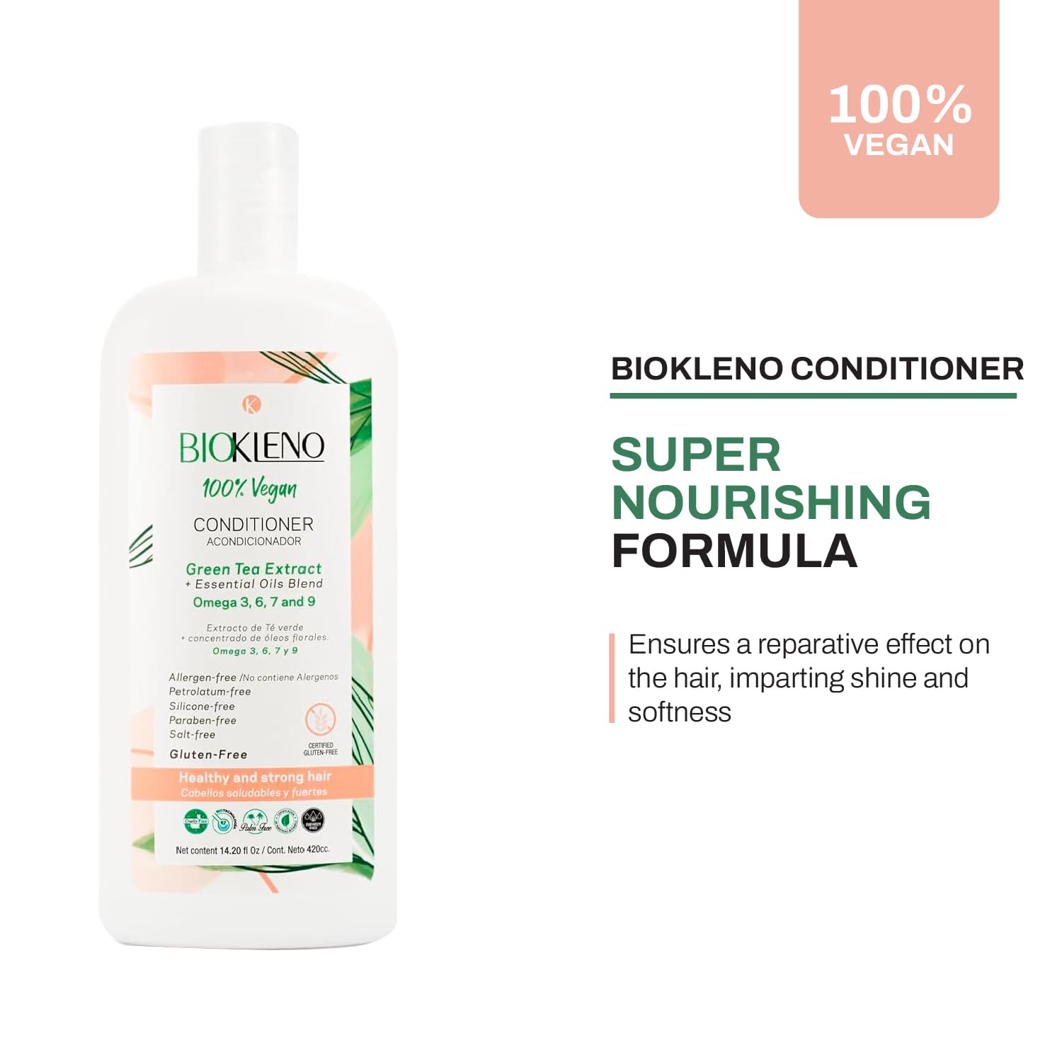 Biokleno Vegan Hair Conditioner with Green Tea Extract & Essential Oils - Omega 3,6,7,9 for Hair Repair & Nourishment - Paraben Free, Gluten Free - 14.2 fl oz - Perfect for Dry, Damaged Hair & Daily Hydration