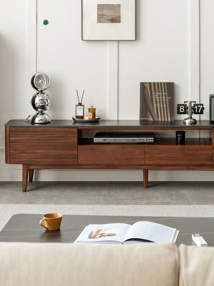 Black Walnut Solid Wood TV Stand with Slate Top - Rustic Modern Entertainment Center for Living Room, Bedroom & Home Theater
