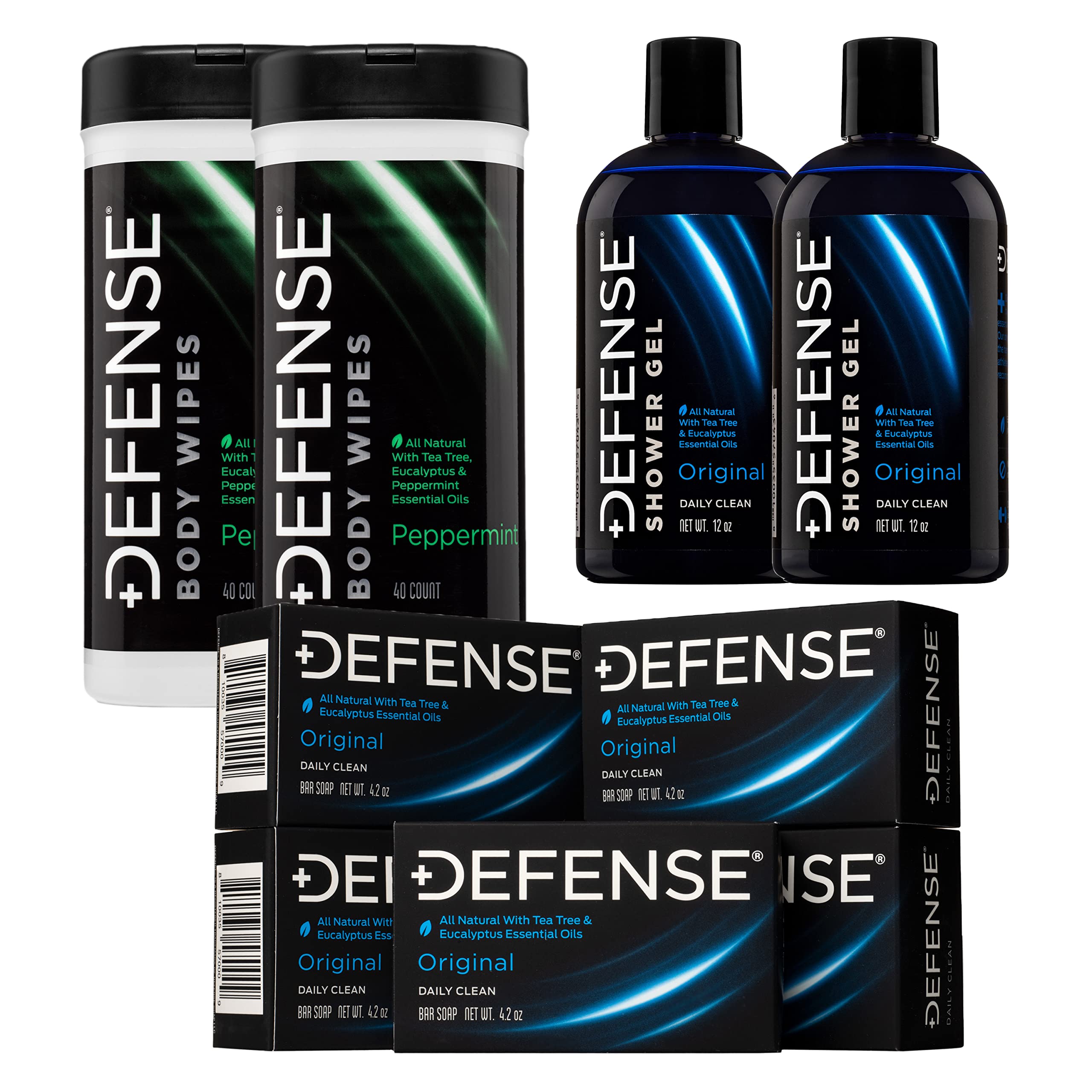 Defense Soap 2-Pack Bundle: Peppermint Body Wipes (40 Count), Body Wash (12 oz, 2 Pack), & Tea Tree Oil Bar Soap (5 Pack) – Natural Antifungal & Antibacterial for Athletes, Gym, and Post-Workout Hygiene