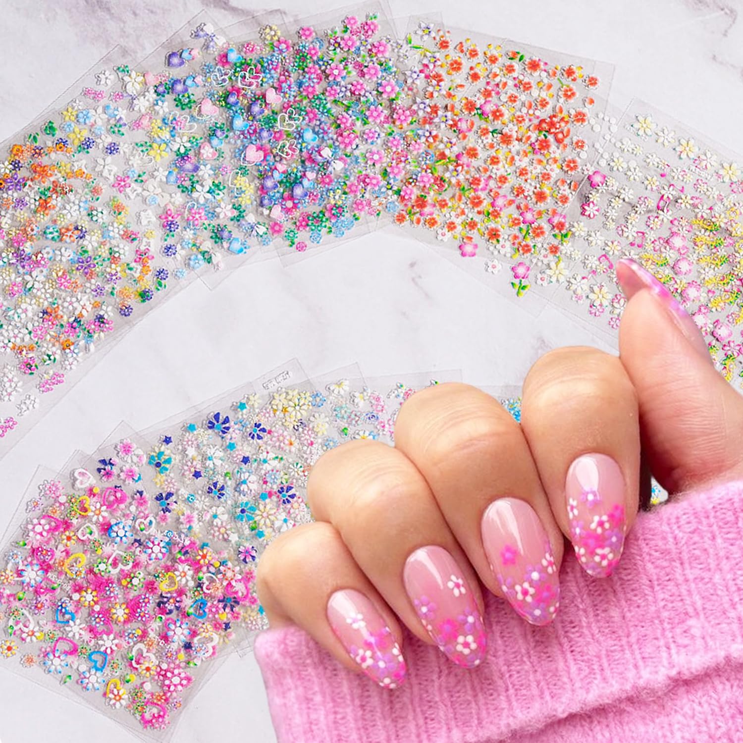 30 Sheets Floral Nail Art Stickers - 3D Self-Adhesive Cherry Blossom, Daisy & Heart Bow Designs for Manicure | Summer Nail Decals & Decorations | Perfect for DIY Nails, Parties, Weddings & Special Occasions