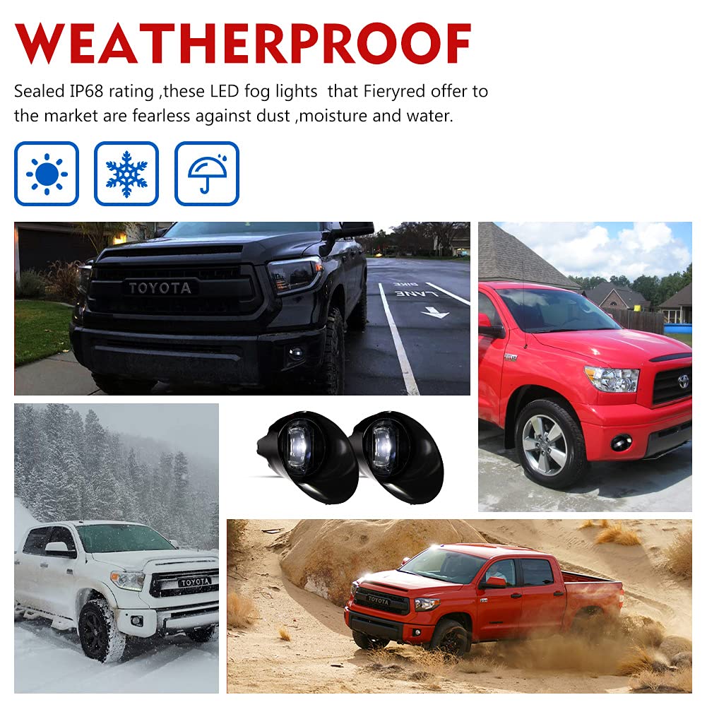 FIERYRED LED Fog Lights for Toyota Tundra 2007-2013 & Sequoia 2008-2011 - Direct OEM Replacement with Clear Lens, IP68 Waterproof - Perfect for Off-Roading, Night Driving and Inclement Weather Conditions