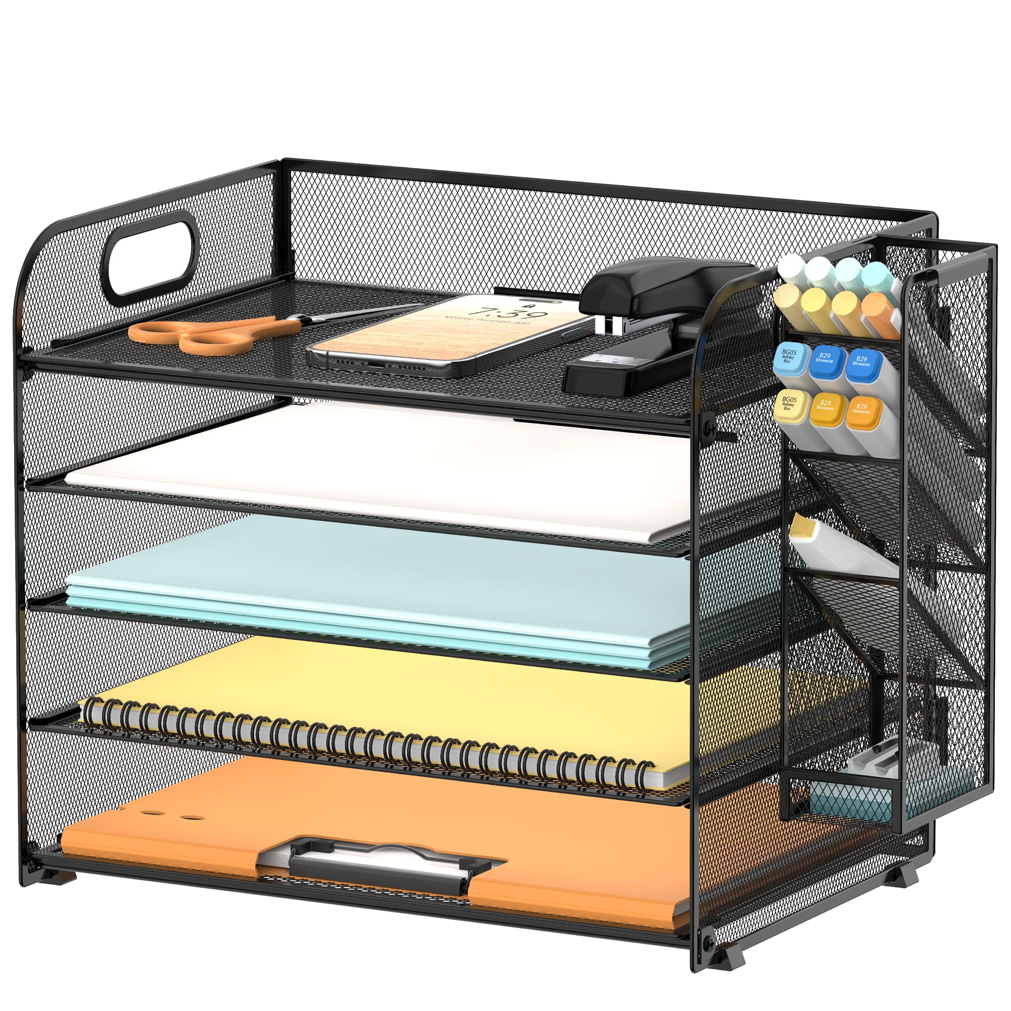 SUPEASY 5 Tier Mesh Desk Organizer with Handle - Removable Pen Holders, File & Paper Tray for Office Supplies - Black - Perfect for Home Office, School & Workspace Organization