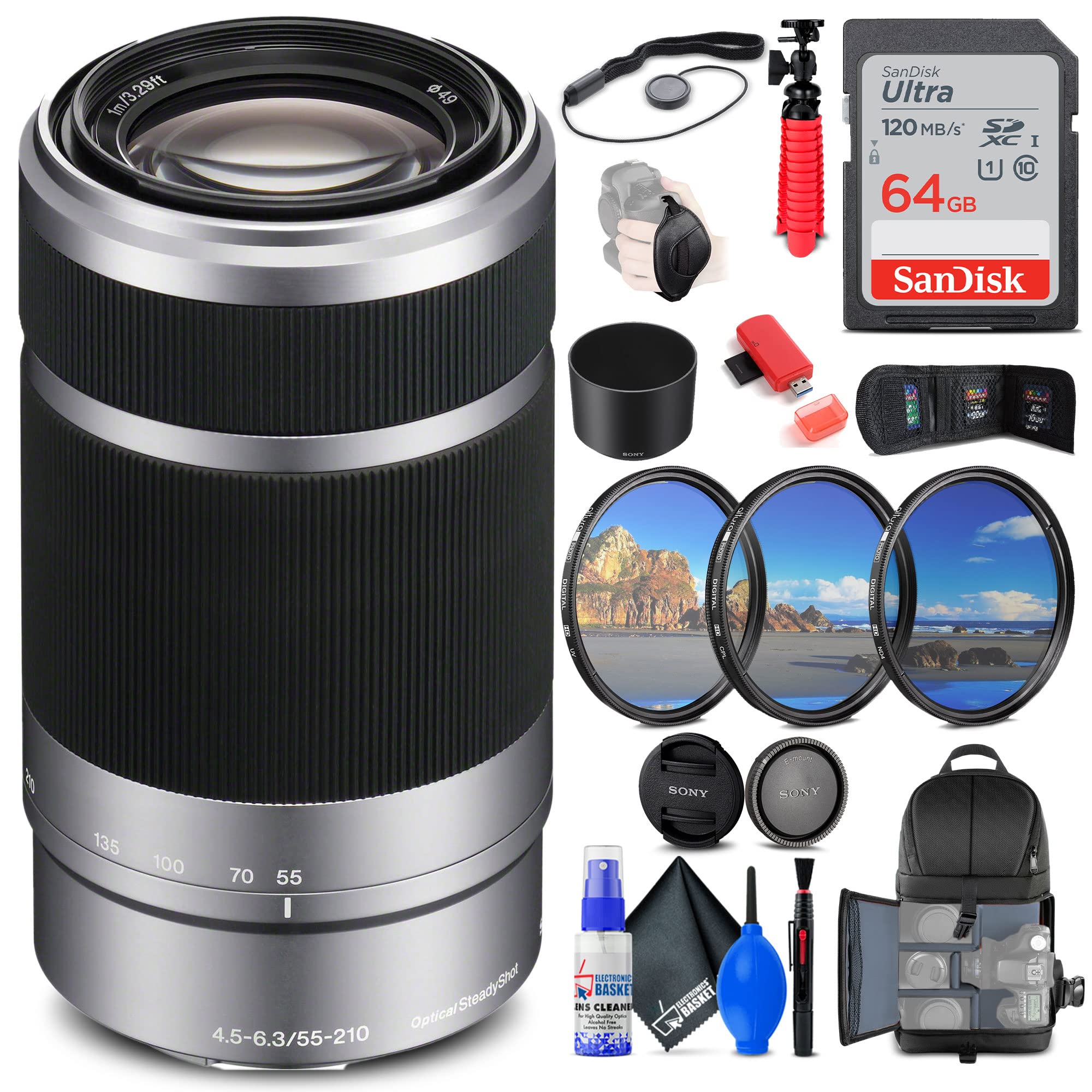 Sony E 55-210mm f/4.5-6.3 OSS Telephoto Zoom Lens (Silver) - SEL55210 with Filter Kit, Camera Backpack, 64GB SD Card, Card Reader, Flexible Tripod, Memory Wallet, Lens Cap Keeper, Cleaning Kit & Hand Strap (Renewed) - Perfect for Travel Photography, Wildlife Shooting & Vlogging