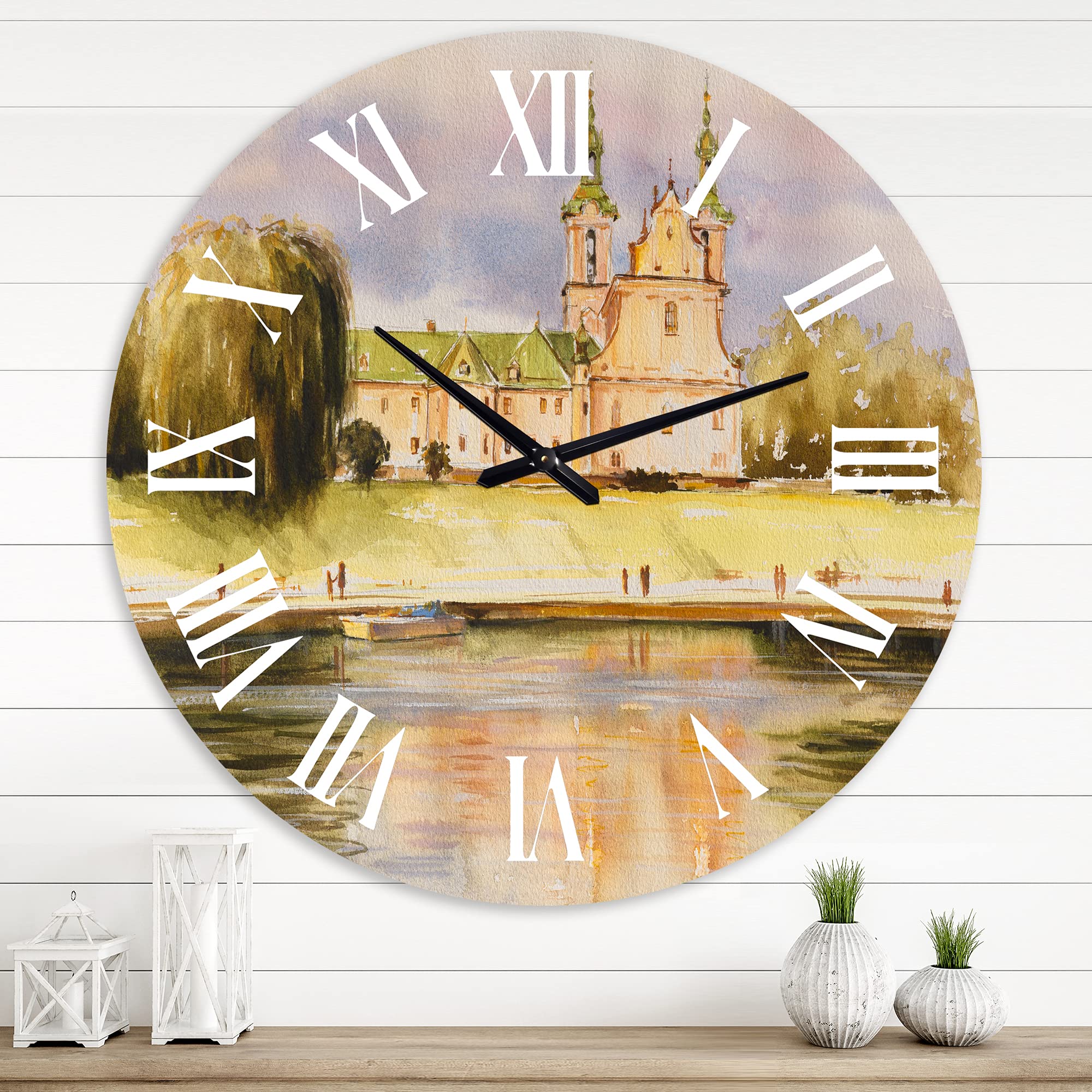 DesignQ Lake House Wall Clock - Historic Church On The Rock Riverbank Landscape - Large Nature Wall Clock for Bedroom, Living Room, Office Decor - Perfect for Farmhouse, Rustic & Coastal Home Decor