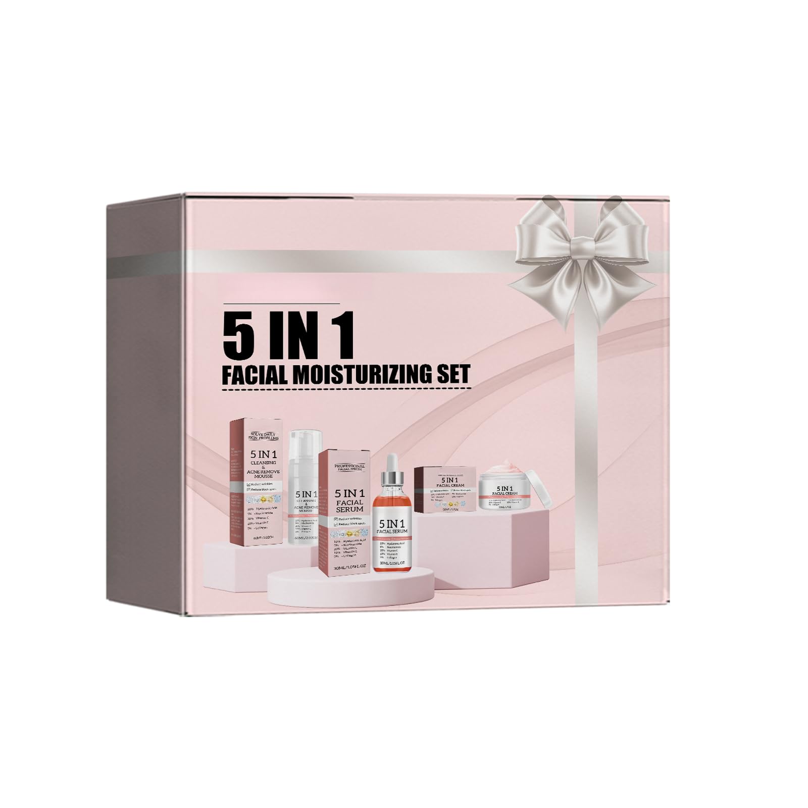 5 in 1 Anti-Aging Skin Care Set with 5% Collagen, 30% Vitamin C & Hyaluronic Acid - Facial Serum, Foaming Cleanser & Moisturizing Cream for Wrinkle Reduction & Brightening - Perfect for Daily Skincare Routine & Nighttime Regimen