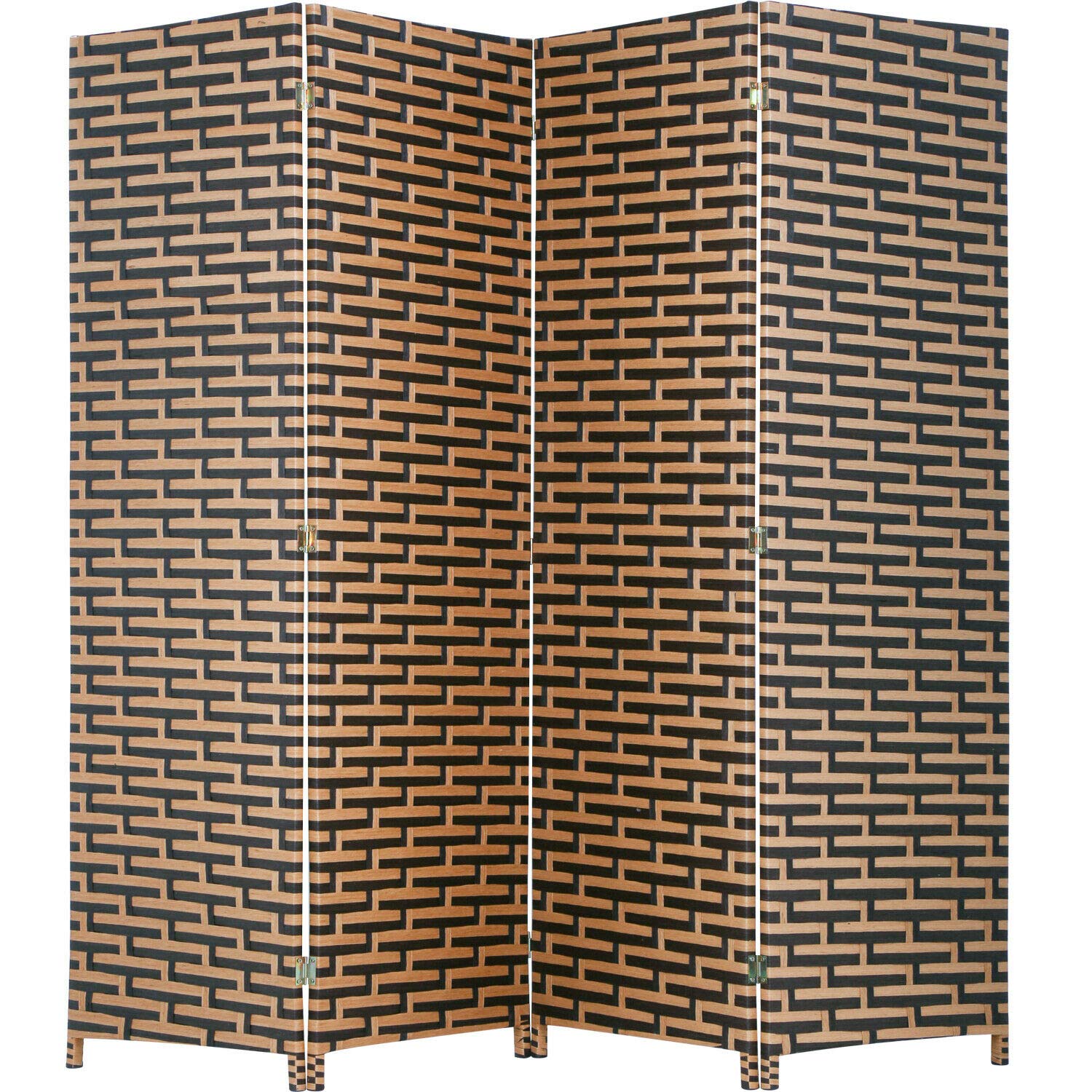 4 Panel Folding Wooden Room Divider with Woven Mesh Design - 180° Stackable Privacy Screen for Home, Office & Event Decor