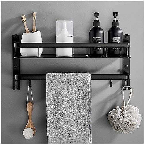 Premium Black Aluminum Wall Shelf with Towel Rail - 40cm Bathroom & Shower Organizer for Towels, Toiletries - Space-Saving Storage for Bath, Kitchen, Office - Easy Drilling Installation