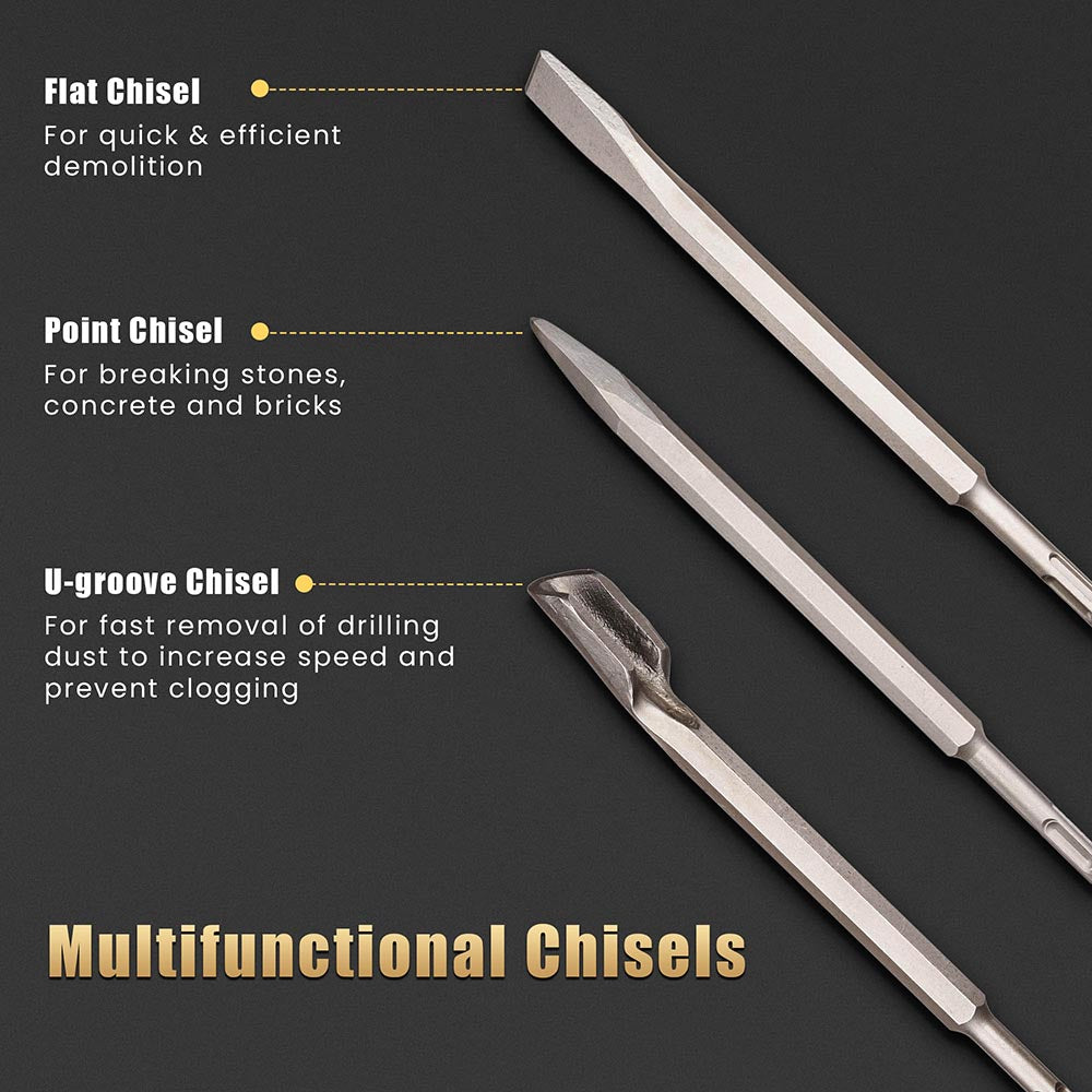 17-Piece SDS Plus Drill Bits and Chisels Set for Rotary Hammer - Masonry, Concrete, Brick Drilling - Perfect for Construction, Demolition & Home DIY Projects