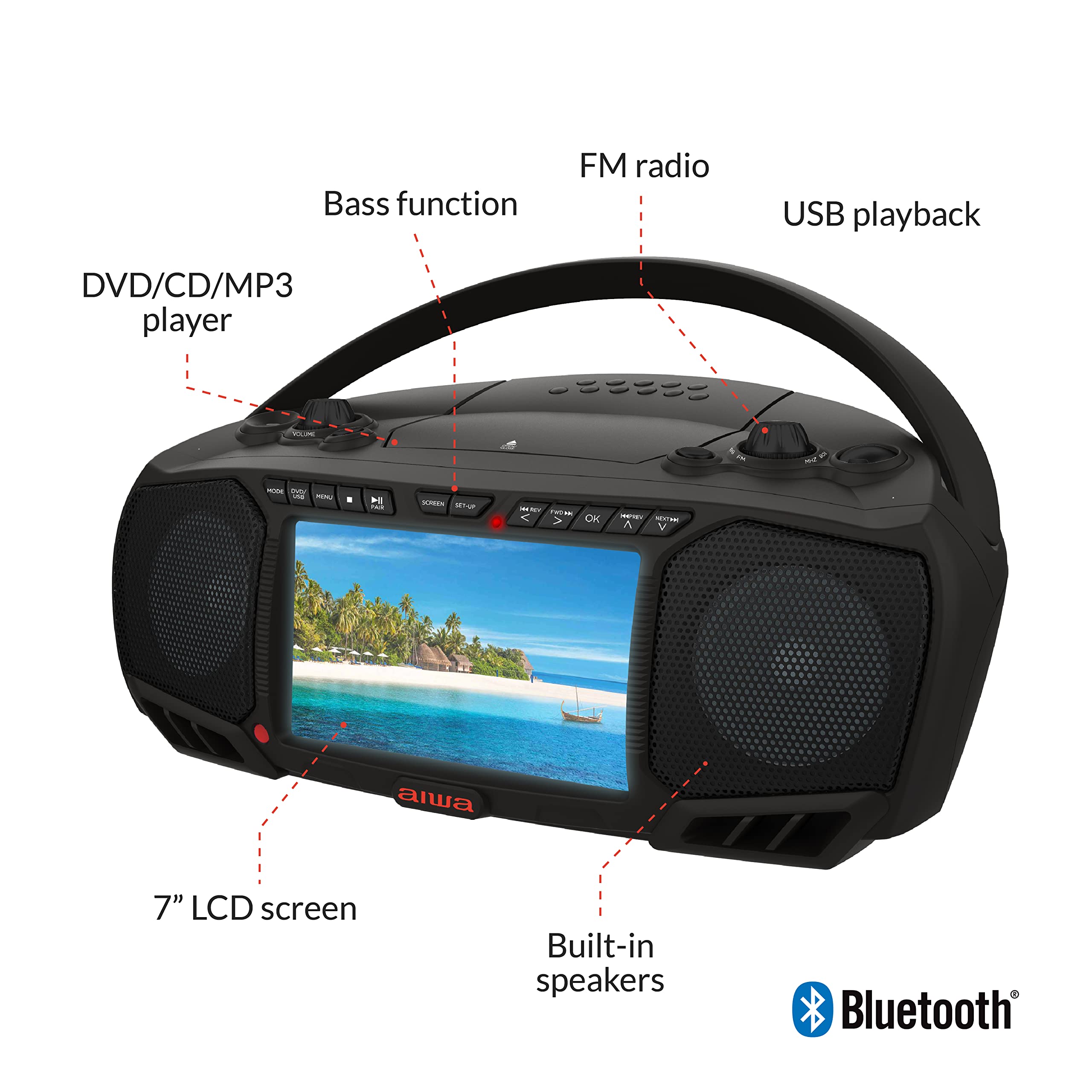 Aiwa Portable Boombox Bluetooth Speaker - 3W x 2 Stereo Sound with Bass Boost, 7