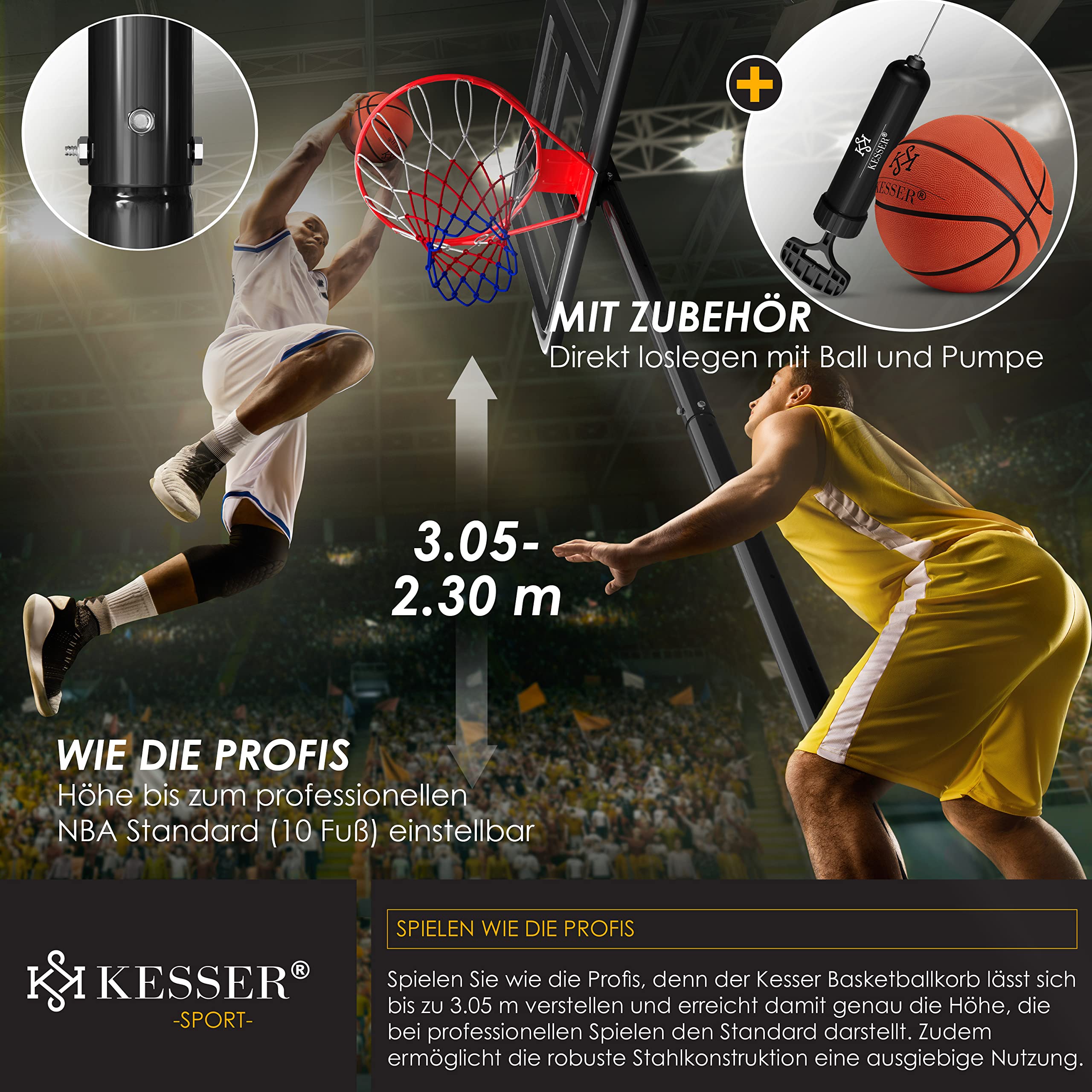 Premium KESSER® Adjustable Basketball Hoop with Stand & Wheels - 7.5ft to 10ft Height Adjustment - Includes Basketball & Air Pump - Indoor/Outdoor Basketball Goal System for Kids & Adults - Perfect for Driveway, Backyard & Gym Training