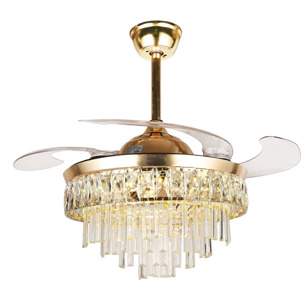 42 Inch Crystal Ceiling Fan with Light - Modern Luxury Retractable Blade Chandelier - Remote Control, 3 Speeds & 3 Color Lighting - Silent Operation - LED Kits Included - Gold Finish - Perfect for Living Room, Bedroom, and Dining Room Décor
