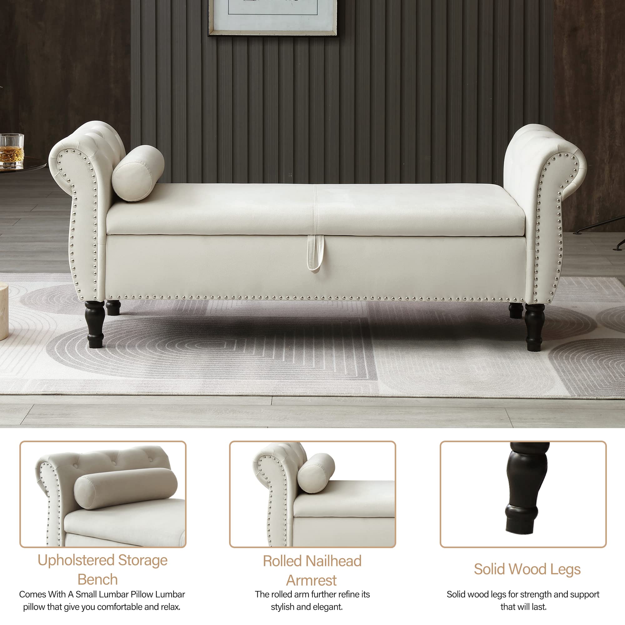 Homtique Velvet Storage Ottoman Bench with Nailhead Trim - Large Upholstered Footstool with Hidden Storage for Living Room, Bedroom & Entryway (Beige) | Perfect for Extra Seating, Footrest & Home Organization