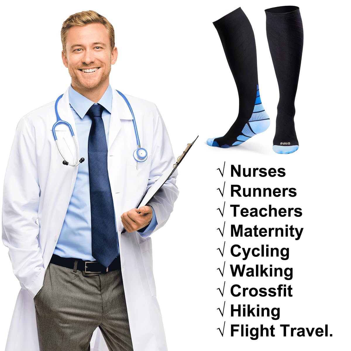 BUDD Unisex Compression Socks for Women & Men - 360 Relief, Functional & Comfortable - Ideal for Travel, Running, Flying & Medical Use - Size L - Perfect for Long Flights, Workouts & Varicose Vein Support