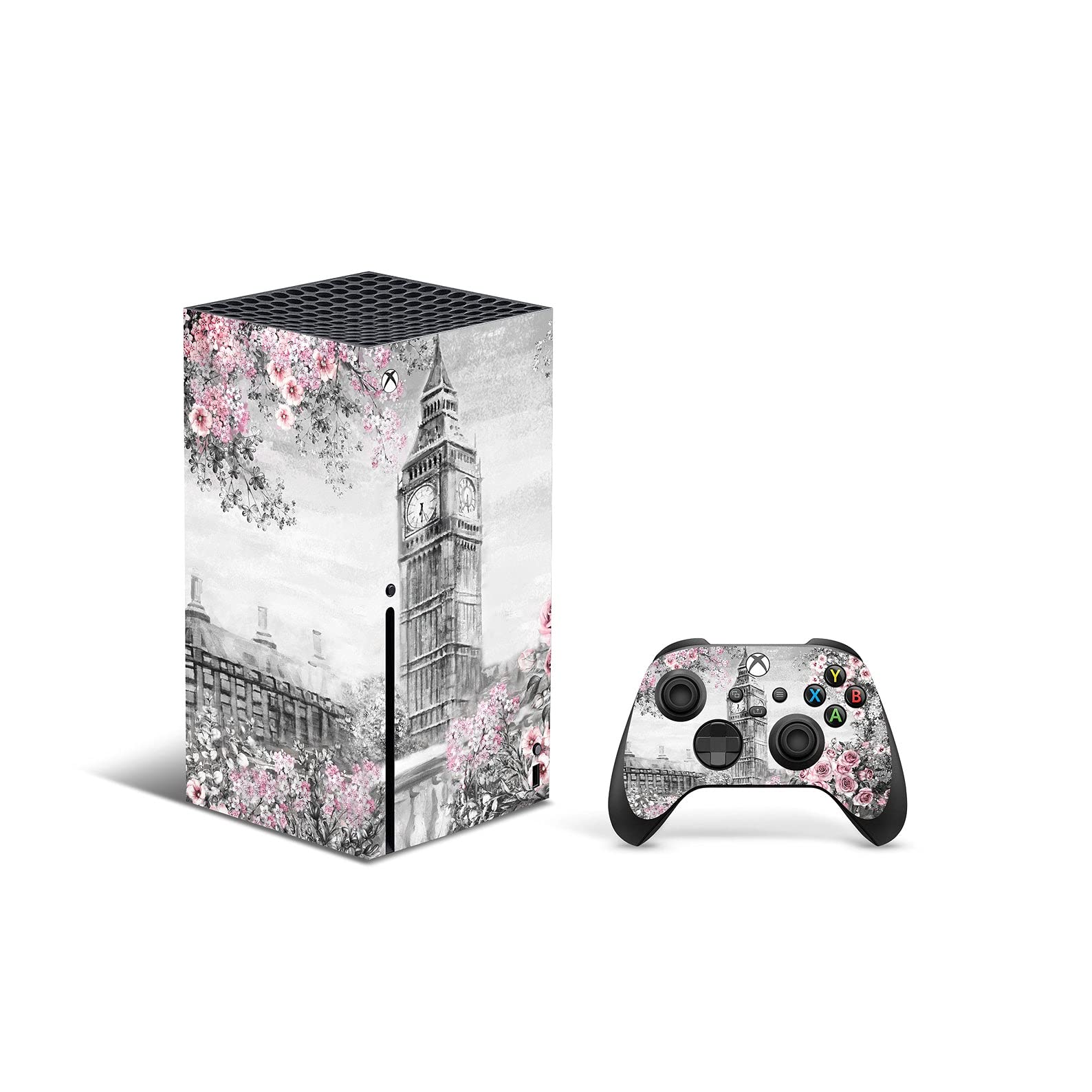 ZOOMHITSKINS Premium Skin Cover for Xbox Series X - London Pink Grey Floral Design with White Roses | Durable, Bubble-Free Vinyl Decal | Made in USA | Perfect for Gaming Setups & Home Decor