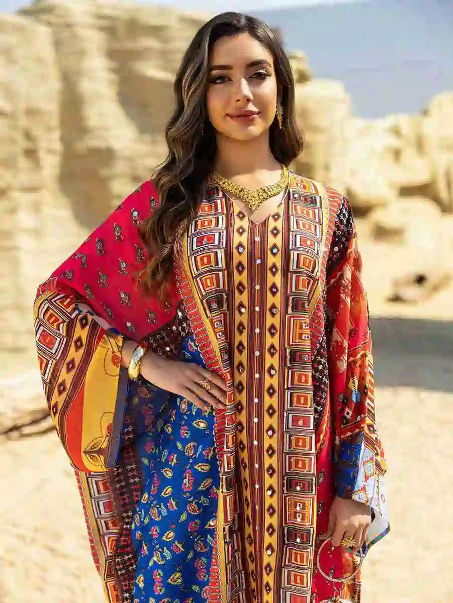 Hotfix Rhinestone Chiffon Printed Caftan Kaftan Dress - Elegant Party Wear for Eid, Wedding, Bridal Shower & Special Occasions | Style #25466