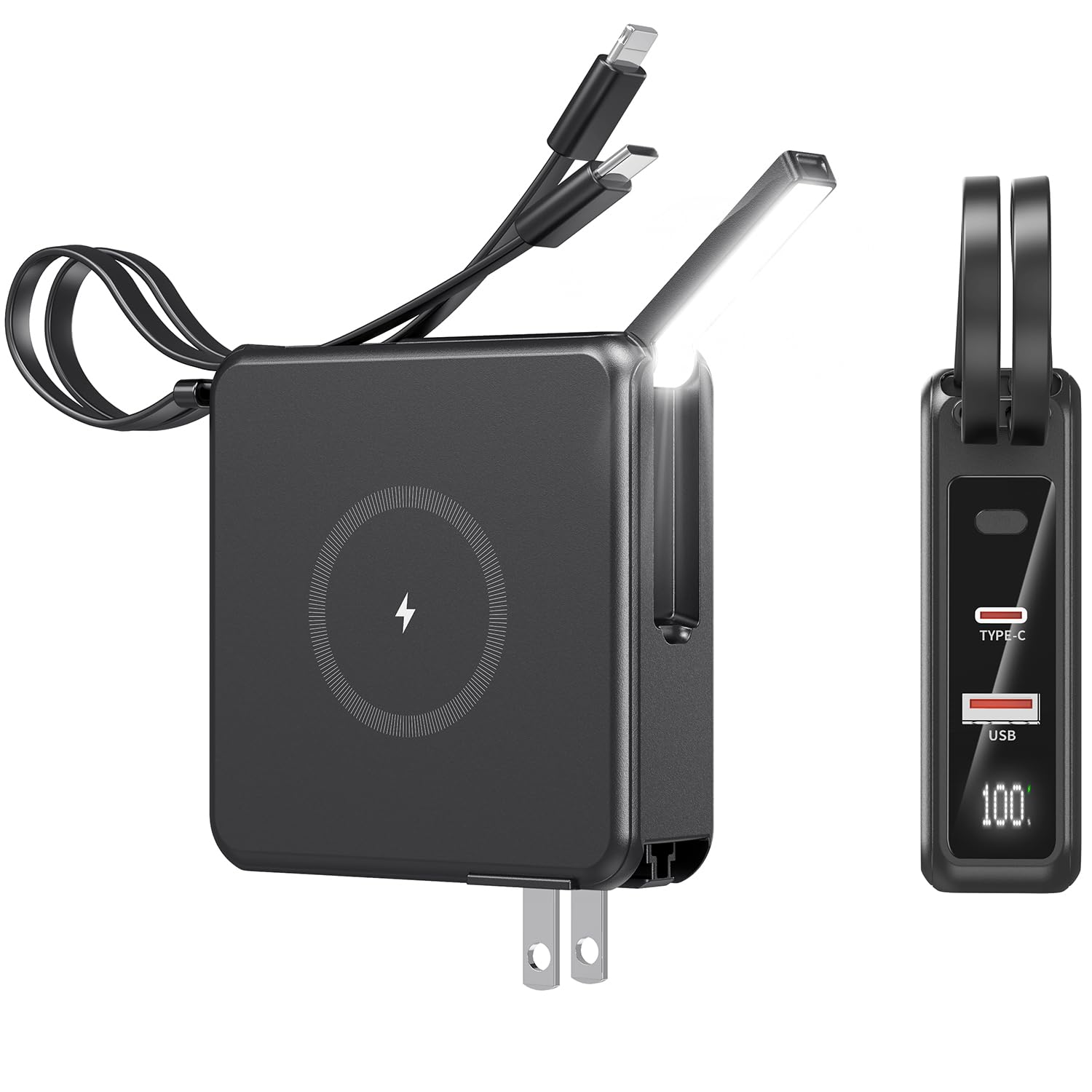 10000mAh Portable Charger with Built-in Cables & AC Wall Plug - 22.5W PD Fast Charging Power Bank, Wireless Charger for iPhone 16/15/14, Samsung S23/S22, Android Phones - Perfect for Travel, Camping & Emergency Power Backup