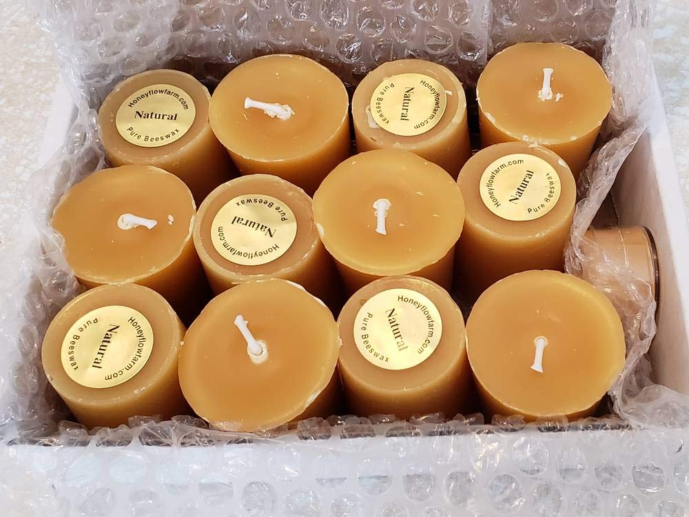 100% Pure Natural Beeswax Votive Candles - 12 Pack Handmade Eco-Friendly Unscented Candles with Free Tea Lights - Perfect for Home Decor, Wedding Centerpieces & Aromatherapy