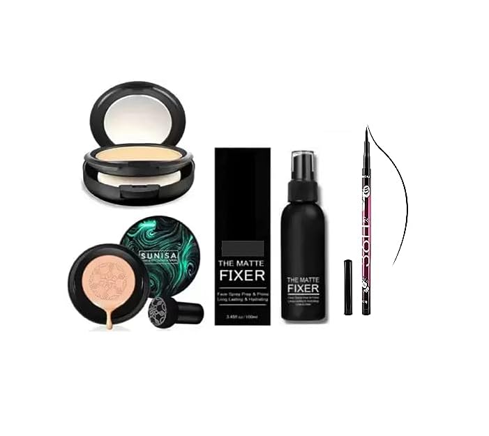 SEYBLUSH Sunisa 2-in-1 BB & CC Cream Air Cushion Compact with Long Lasting Waterproof Eyeliner & Makeup Fixer - 4 Piece Makeup Set for Flawless Coverage & All-Day Wear (Perfect for Daily Use, Travel, and On-the-Go Touch Ups)