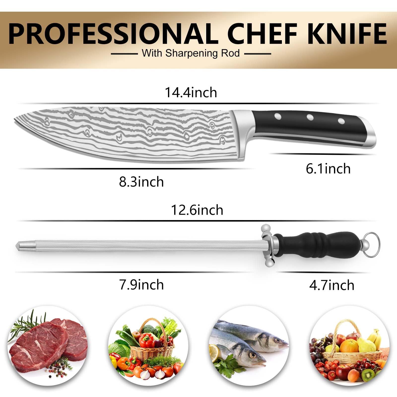 BEWOS 8.3-Inch Professional Chef Knife Set with Sharpener - Ultra Sharp Stainless Steel Kitchen Knives for Cooking, Slicing & Chopping - Ergonomic Handle & Gift Box - Perfect for Home Chefs & Professional Kitchens