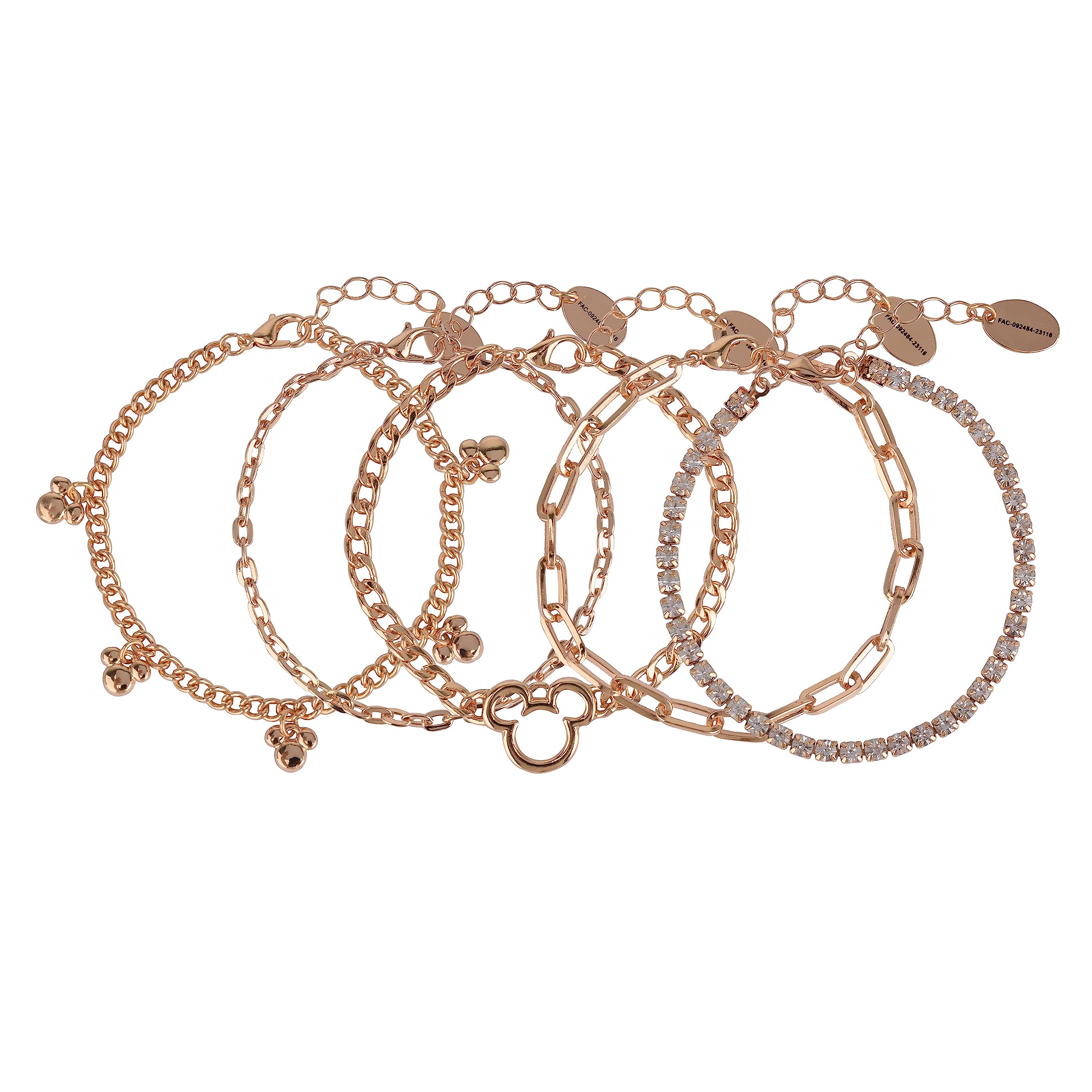 Disney Mickey Mouse 5-Piece Silhouette Chain Link Bracelet Set - Gold Tone Enamel with Pave Stone Accents - 7