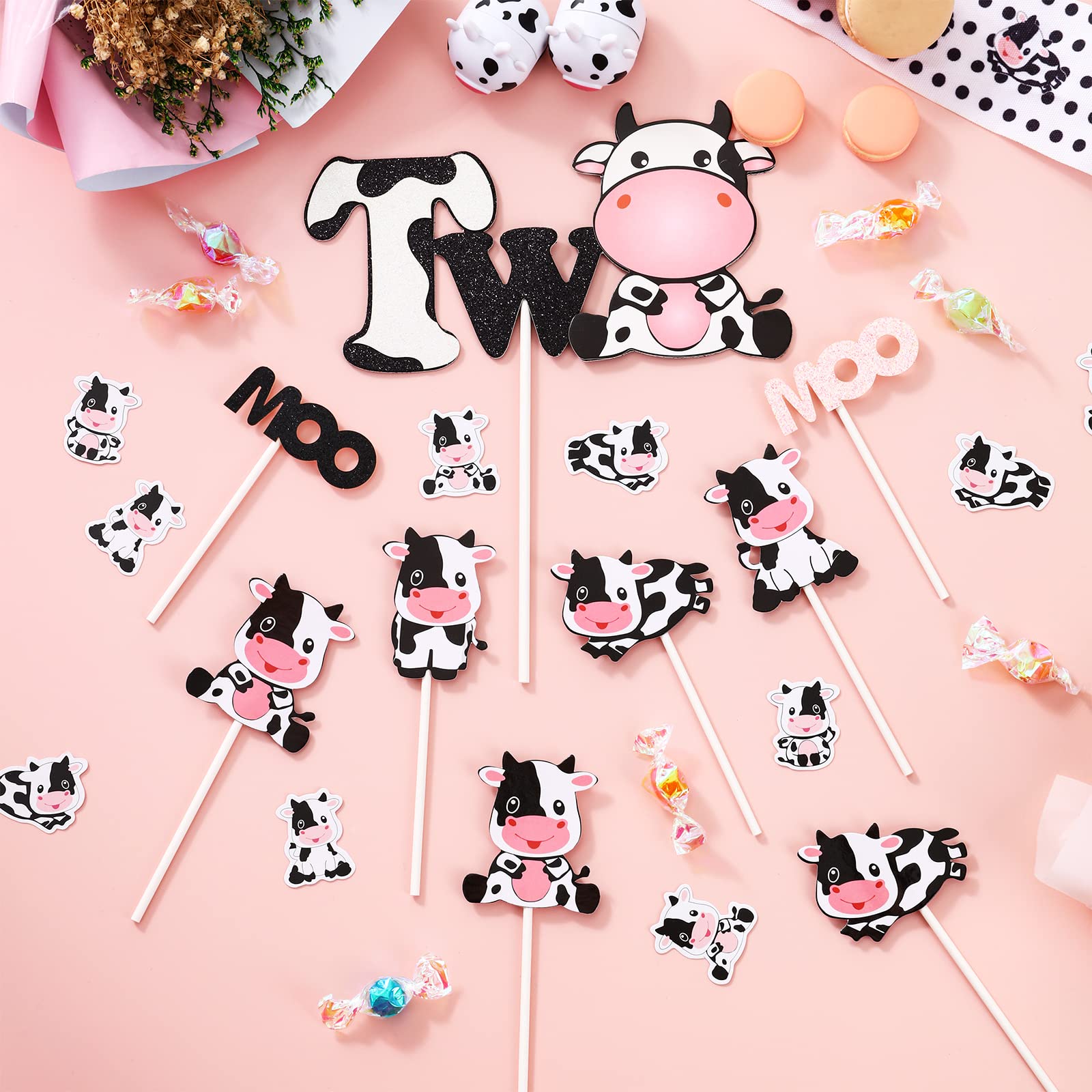 Cow Birthday Cake Topper Set - 2nd Birthday Party Decorations with 1 Cake Topper & 24 Cupcake Picks - Moo Moo Themed Party Supplies for Girls - Perfect for Farm Animal Birthday Parties, Baby Showers & Cow-Themed Celebrations