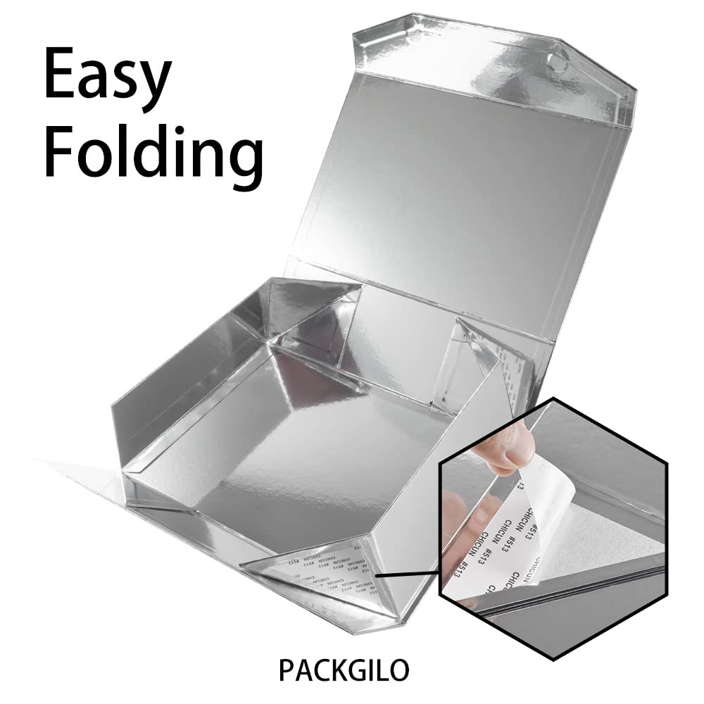 13x9x4 Inch Silver Large Gift Box with Lid - Magnetic Closure, Collapsible & Reusable Bridesmaid Proposal Box, Groomsman Gift Box for Clothes, Jewelry & Accessories (Glossy Silver) - Perfect for Weddings, Anniversaries & Special Occasions